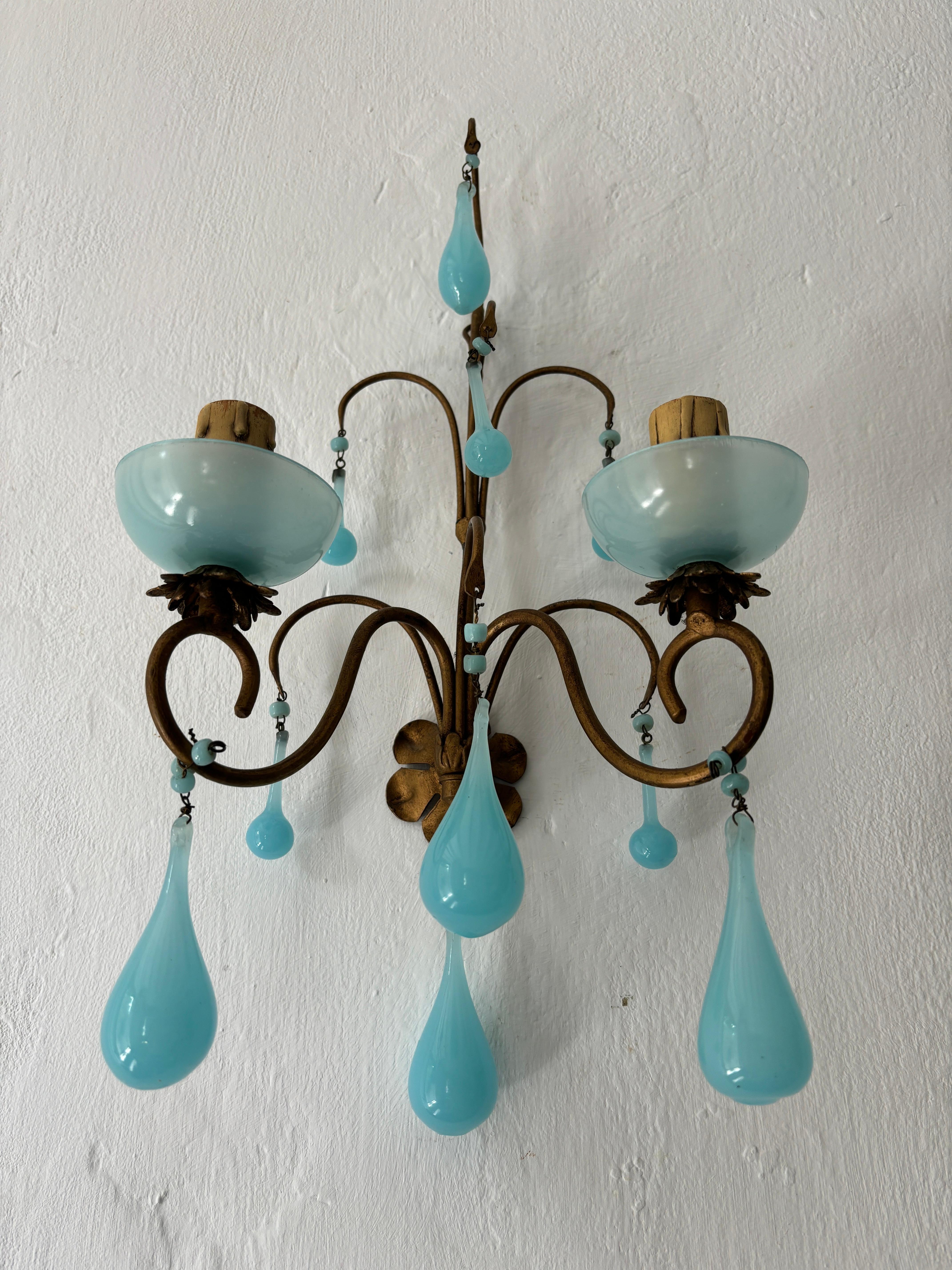 French Opaline Blu Acqua Gocce Bobeches  A.I.C. in vendita 3