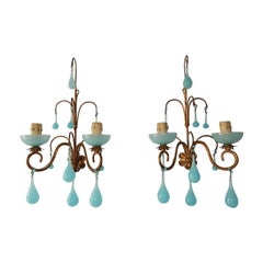 French Aqua Blue Opaline Drops Bobeches & Beads Sconces C 1920