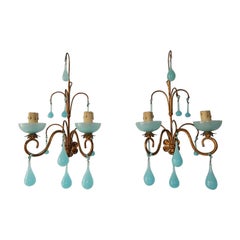 French Aqua Blue Opaline Drops Bobeches  & Beads Sconces C 1920