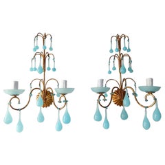 French Aqua Blue Opaline Drops Bobéches & Beads Sconces, circa 1920