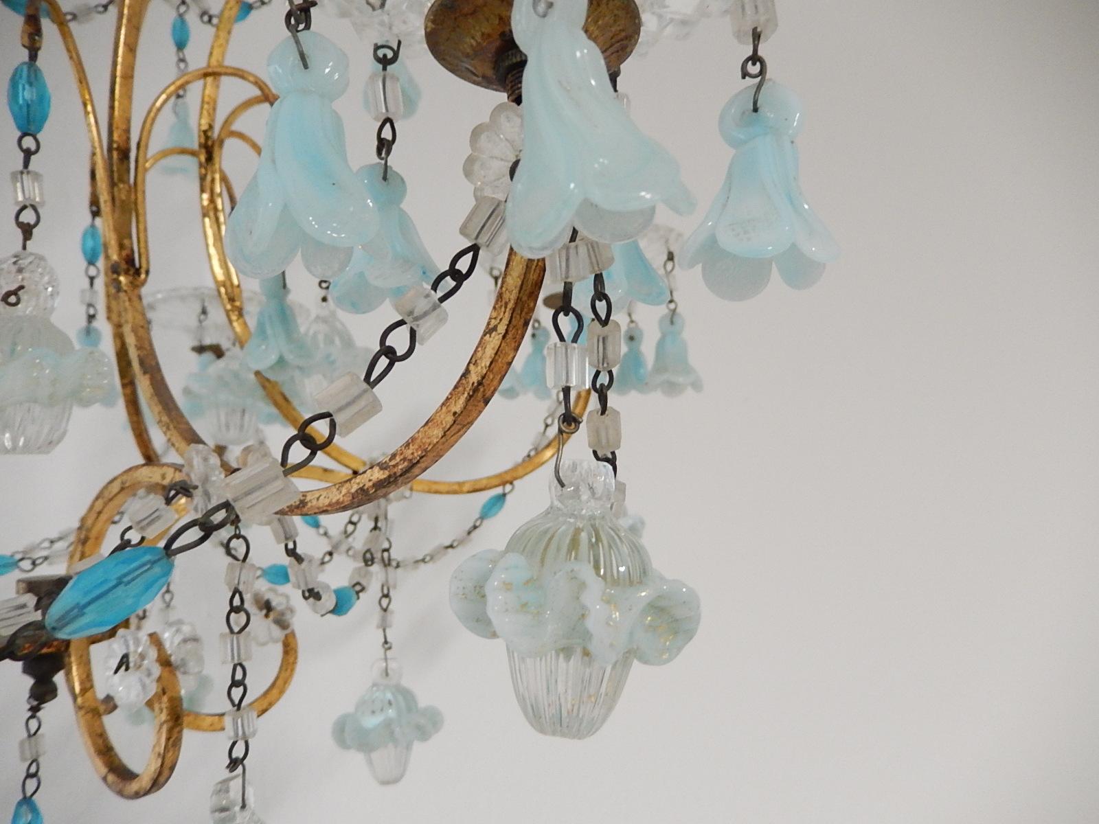 French Aqua Blue Opaline Murano Bell Flowers & Ribbons Chandelier, circa 1900 For Sale 3