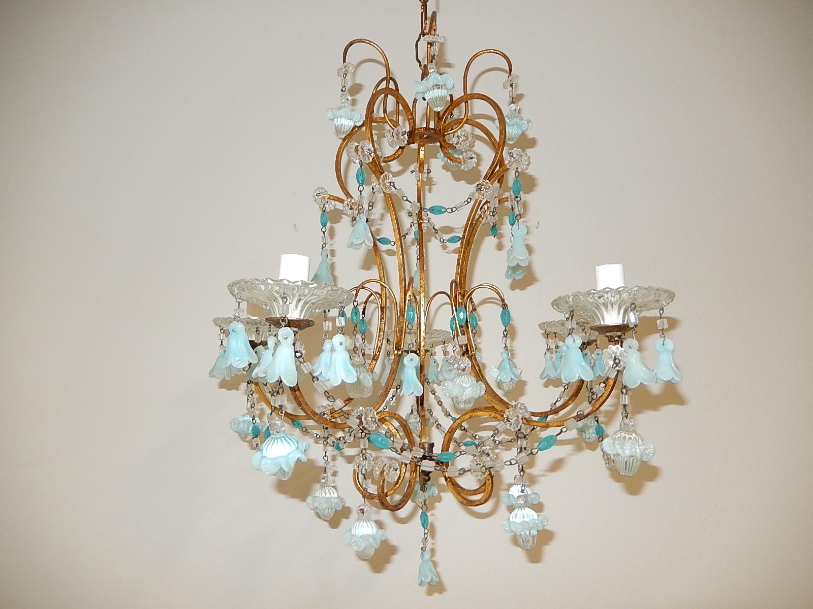 French Aqua Blue Opaline Murano Bell Flowers & Ribbons Chandelier, circa 1900 For Sale 4