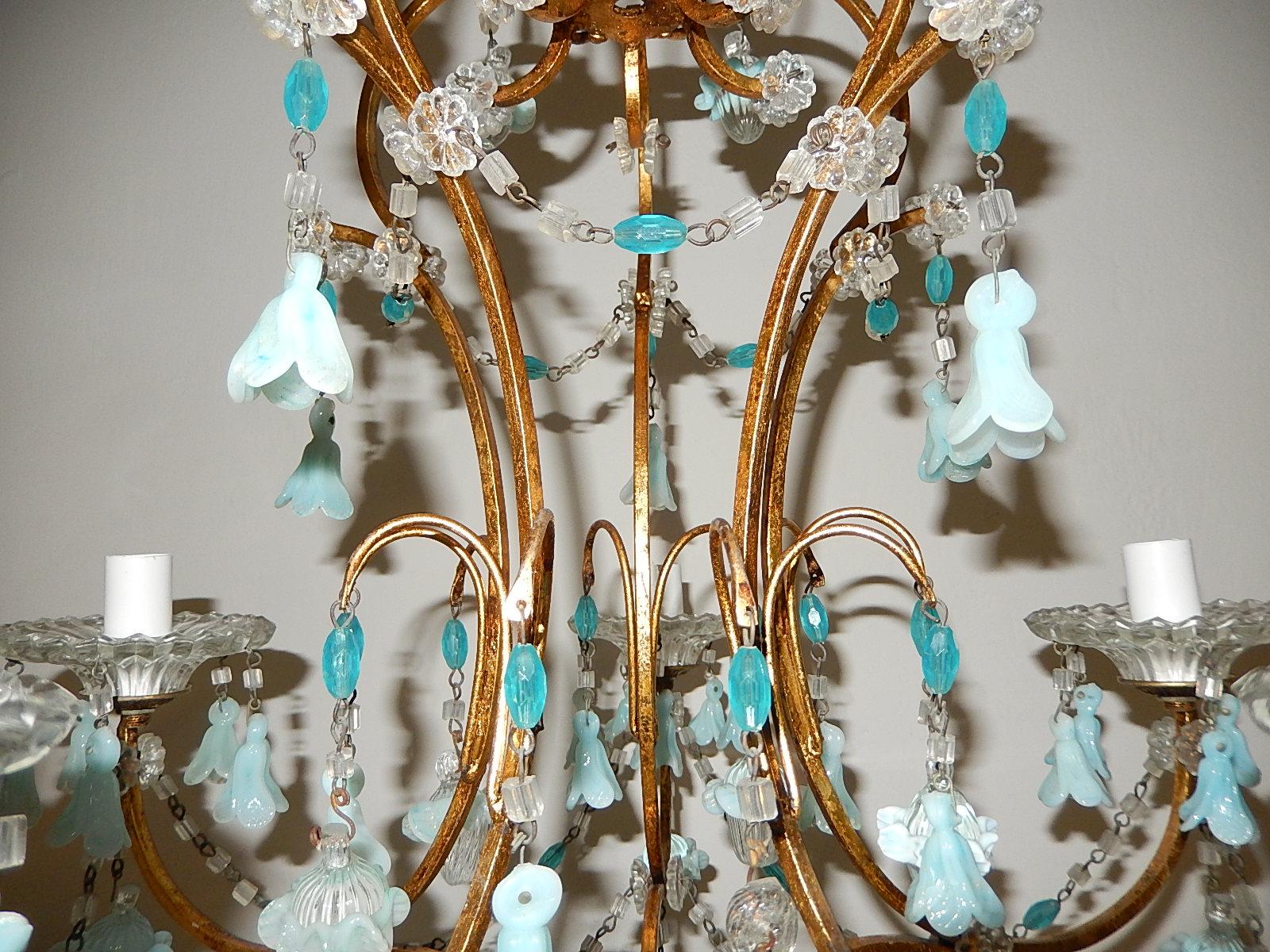 French Aqua Blue Opaline Murano Bell Flowers & Ribbons Chandelier, circa 1900 In Good Condition For Sale In Modena (MO), Modena (Mo)