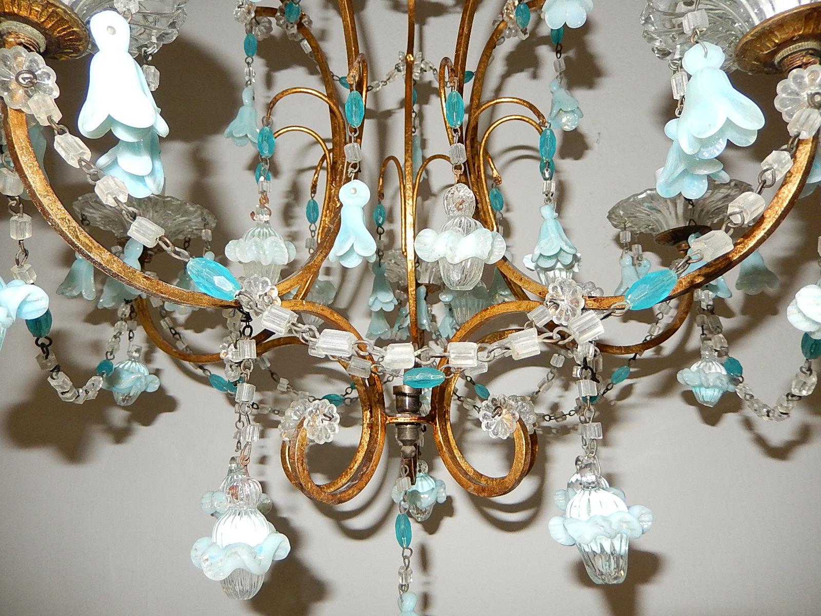 Early 20th Century French Aqua Blue Opaline Murano Bell Flowers & Ribbons Chandelier, circa 1900 For Sale