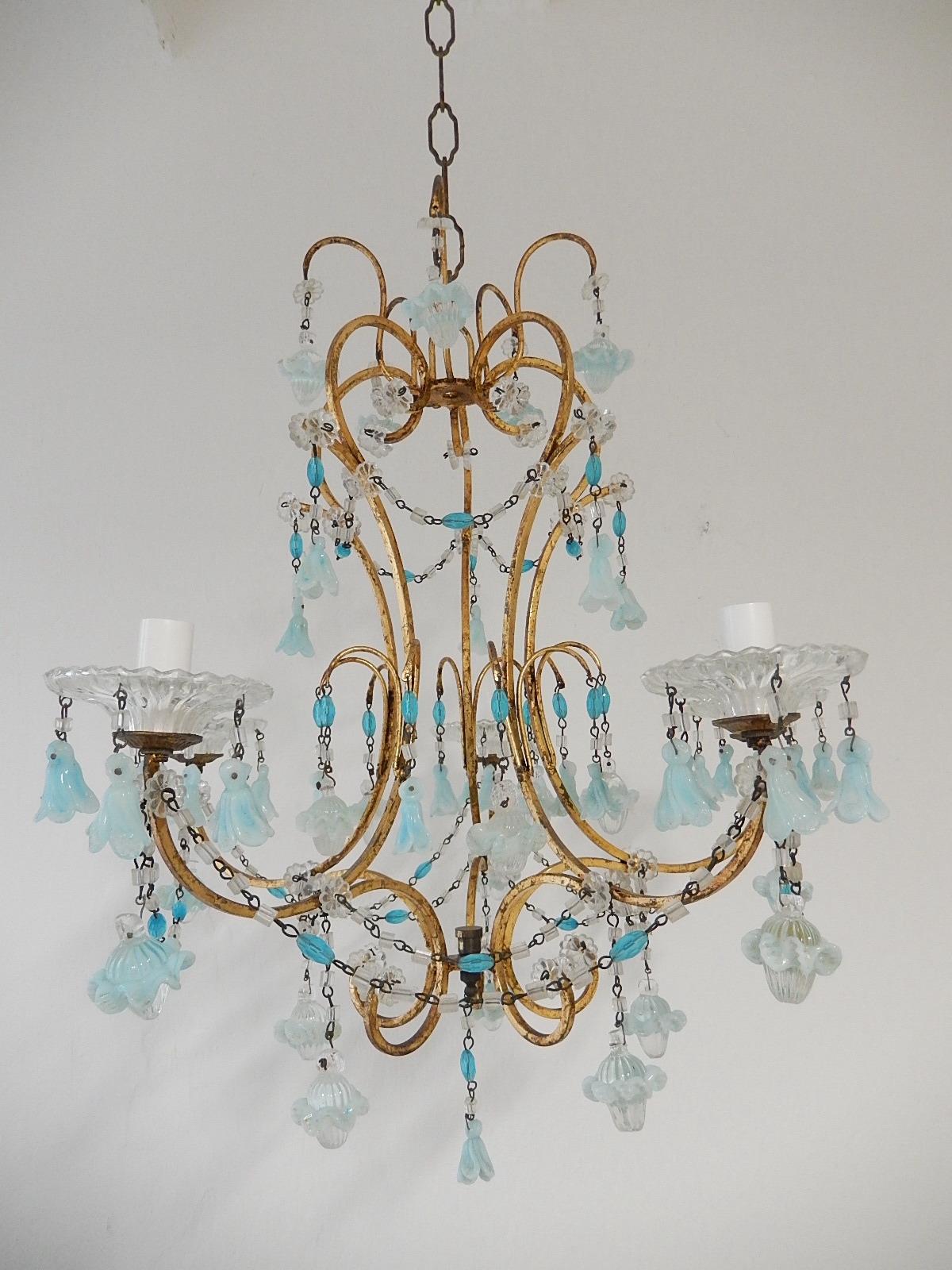 Crystal French Aqua Blue Opaline Murano Bell Flowers & Ribbons Chandelier, circa 1900 For Sale