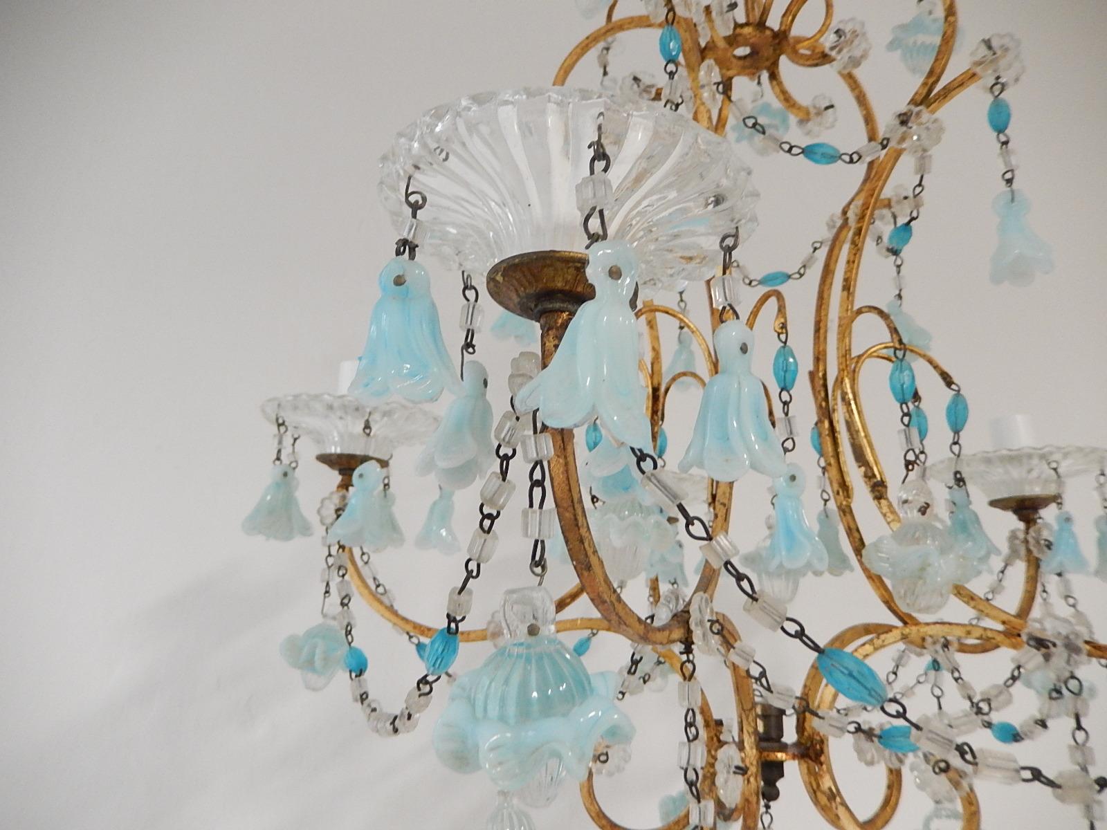 French Aqua Blue Opaline Murano Bell Flowers & Ribbons Chandelier, circa 1900 For Sale 1