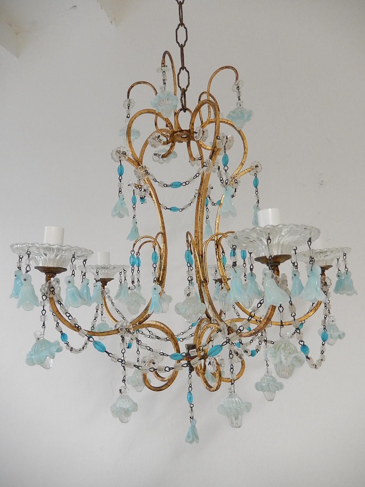 French Aqua Blue Opaline Murano Bell Flowers & Ribbons Chandelier, circa 1900 For Sale 2