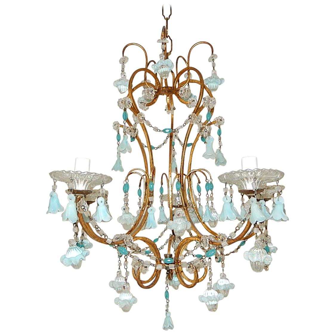 French Aqua Blue Opaline Murano Bell Flowers & Ribbons Chandelier, circa 1900