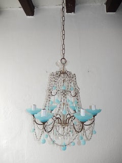 French Aqua Blue Opaline Murano Drops and Bobeches Chandelier