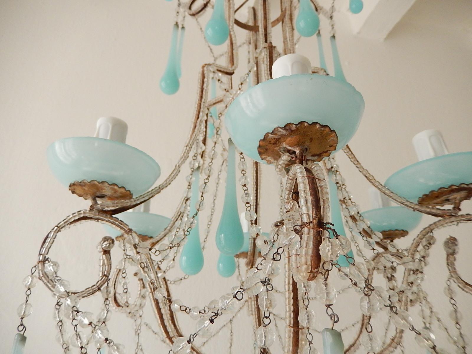 French Aqua Blue Opaline Murano Drops and Bobeches Chandelier, circa 1900 In Good Condition In Firenze, Toscana