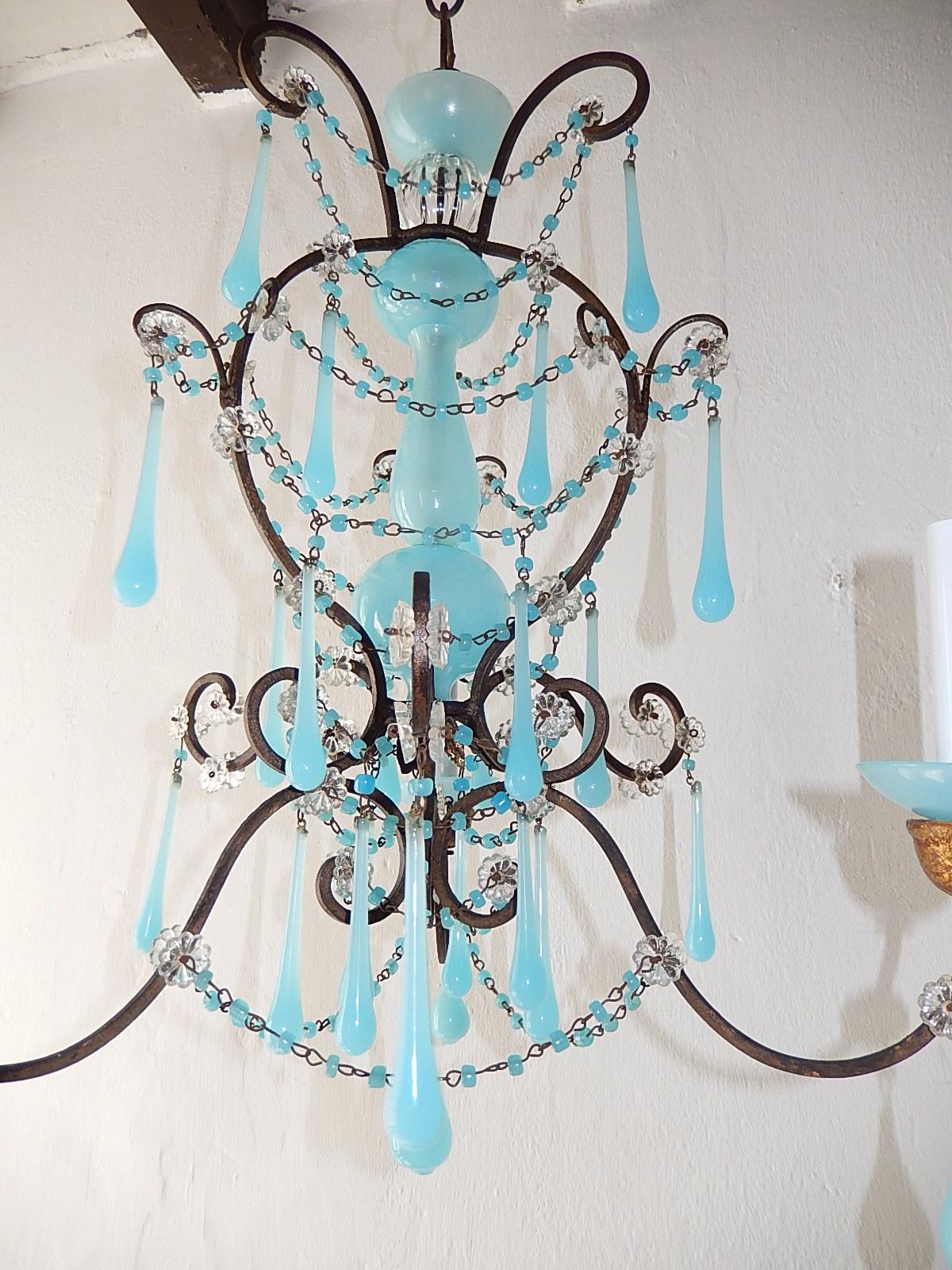 Early 20th Century French Aqua Blue Opaline Murano Drops and Bobeches Chandelier, circa 1900