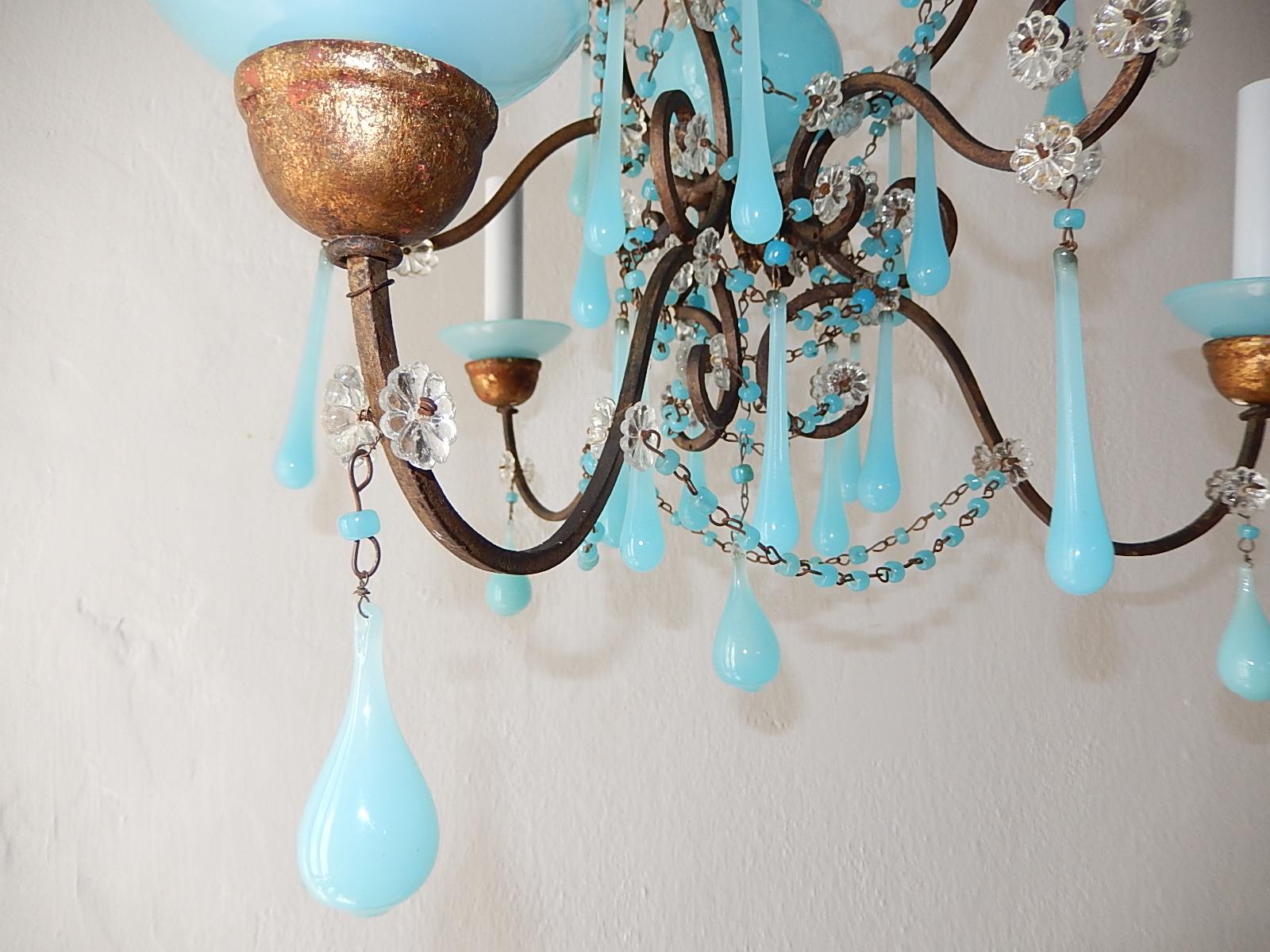 Crystal French Aqua Blue Opaline Murano Drops and Bobeches Chandelier, circa 1900
