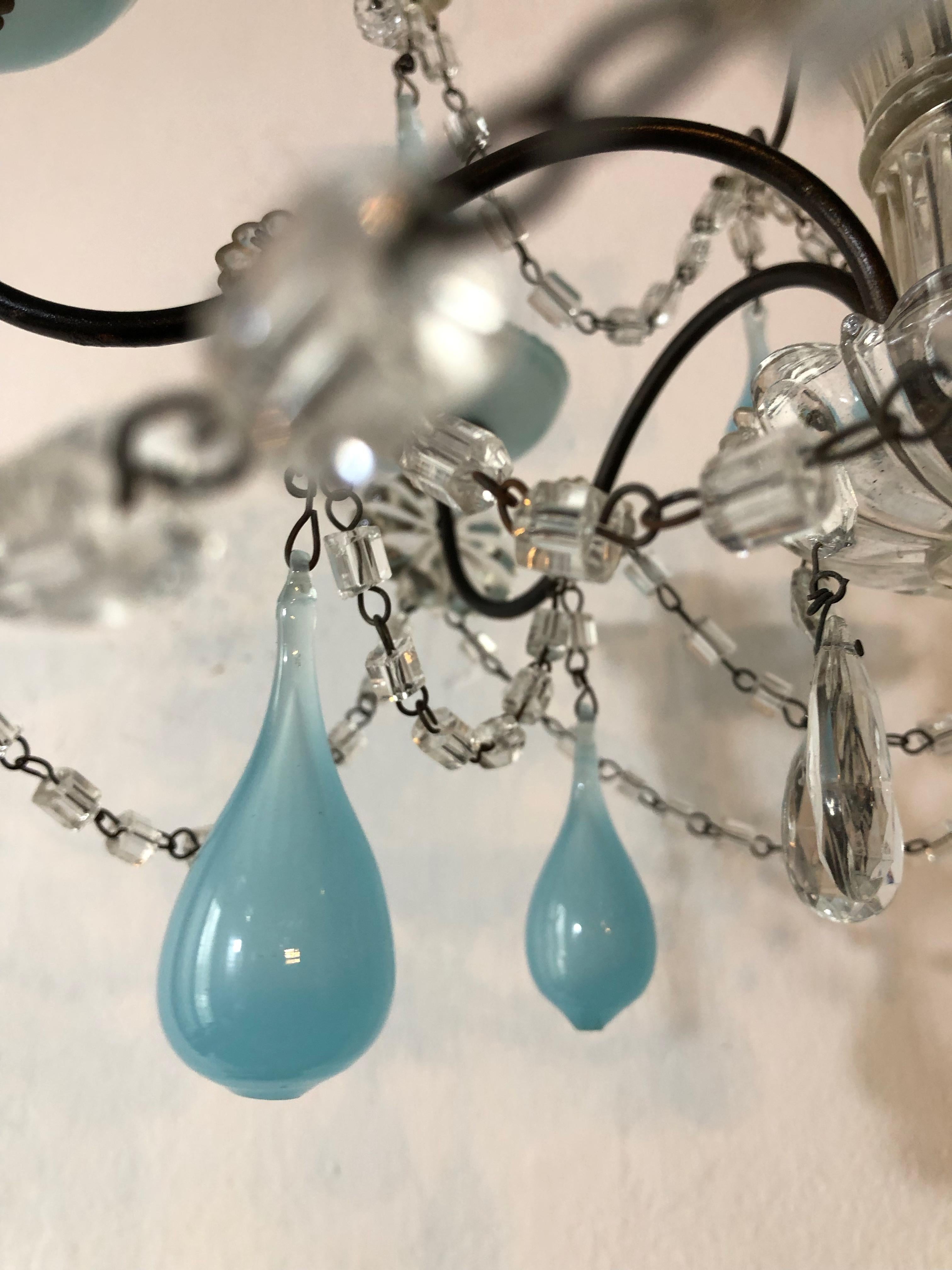 French Aqua Blue Opaline Murano Drops and Bobeches Chandelier 6