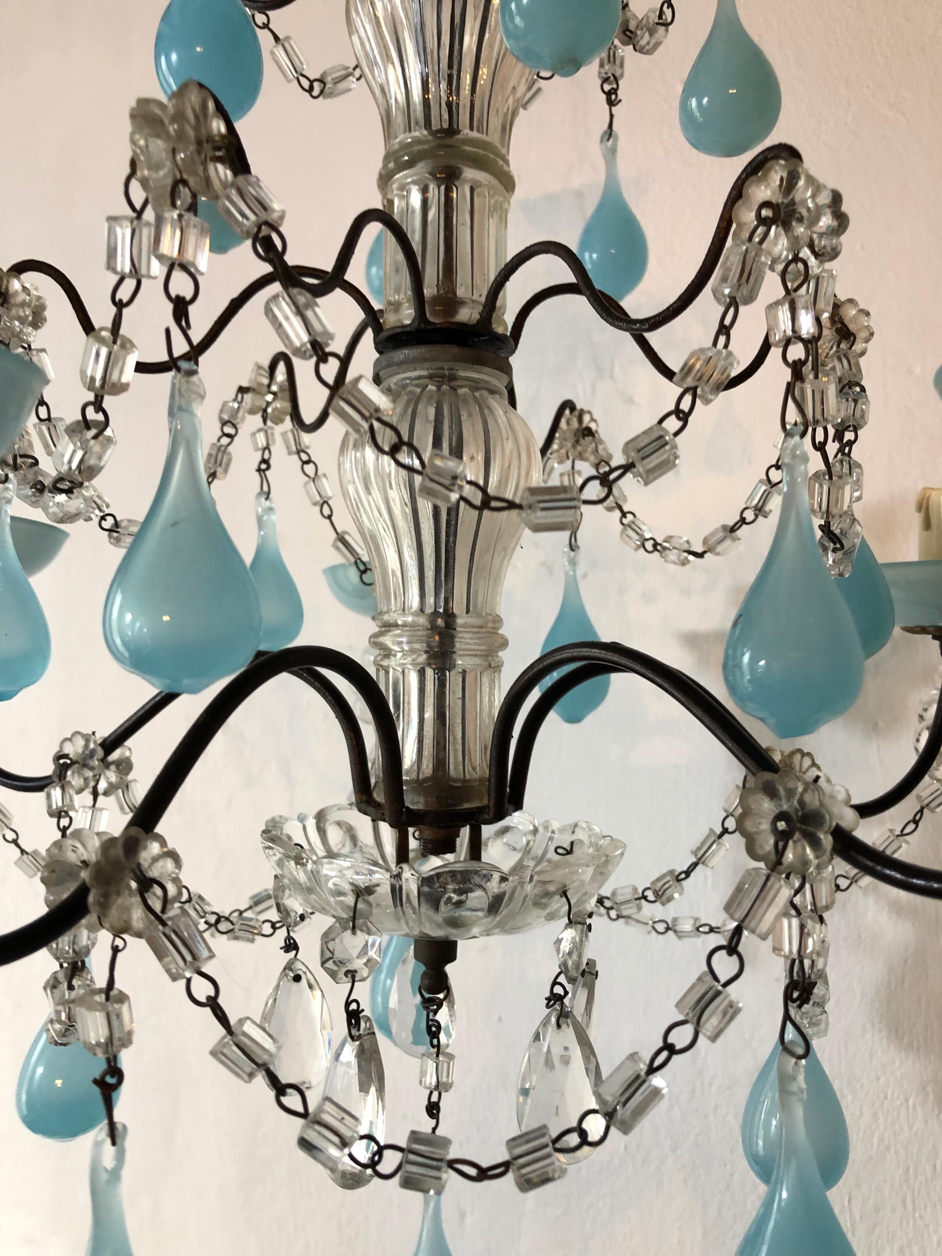 Early 20th Century French Aqua Blue Opaline Murano Drops and Bobeches Chandelier