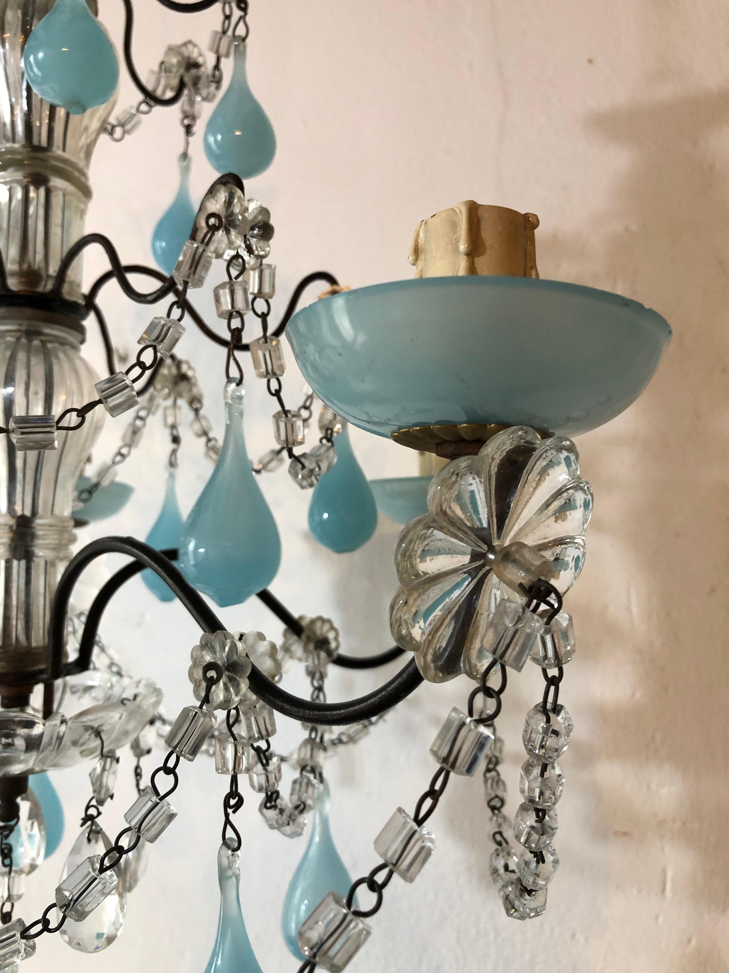 Crystal French Aqua Blue Opaline Murano Drops and Bobeches Chandelier