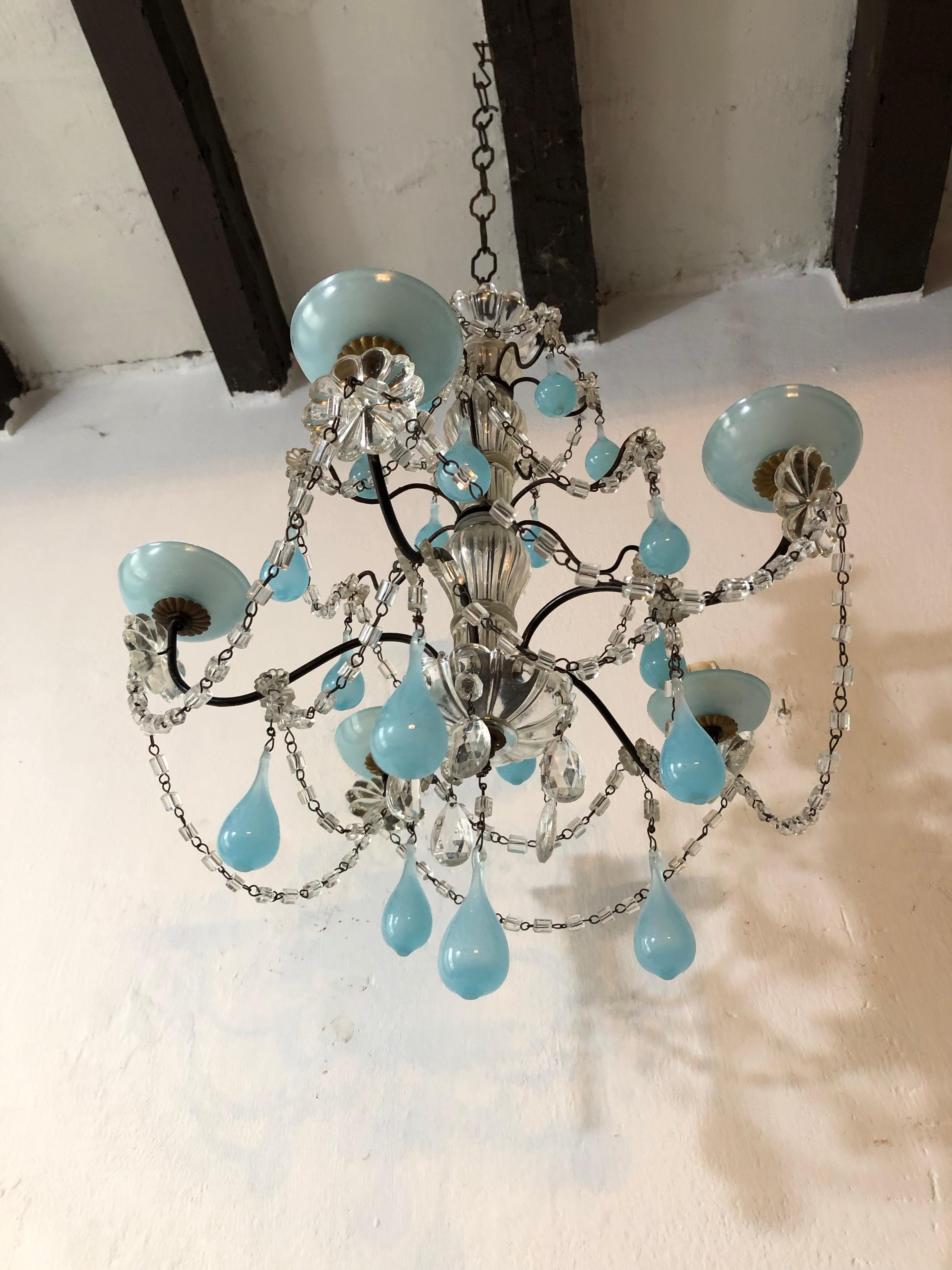 French Aqua Blue Opaline Murano Drops and Bobeches Chandelier 1