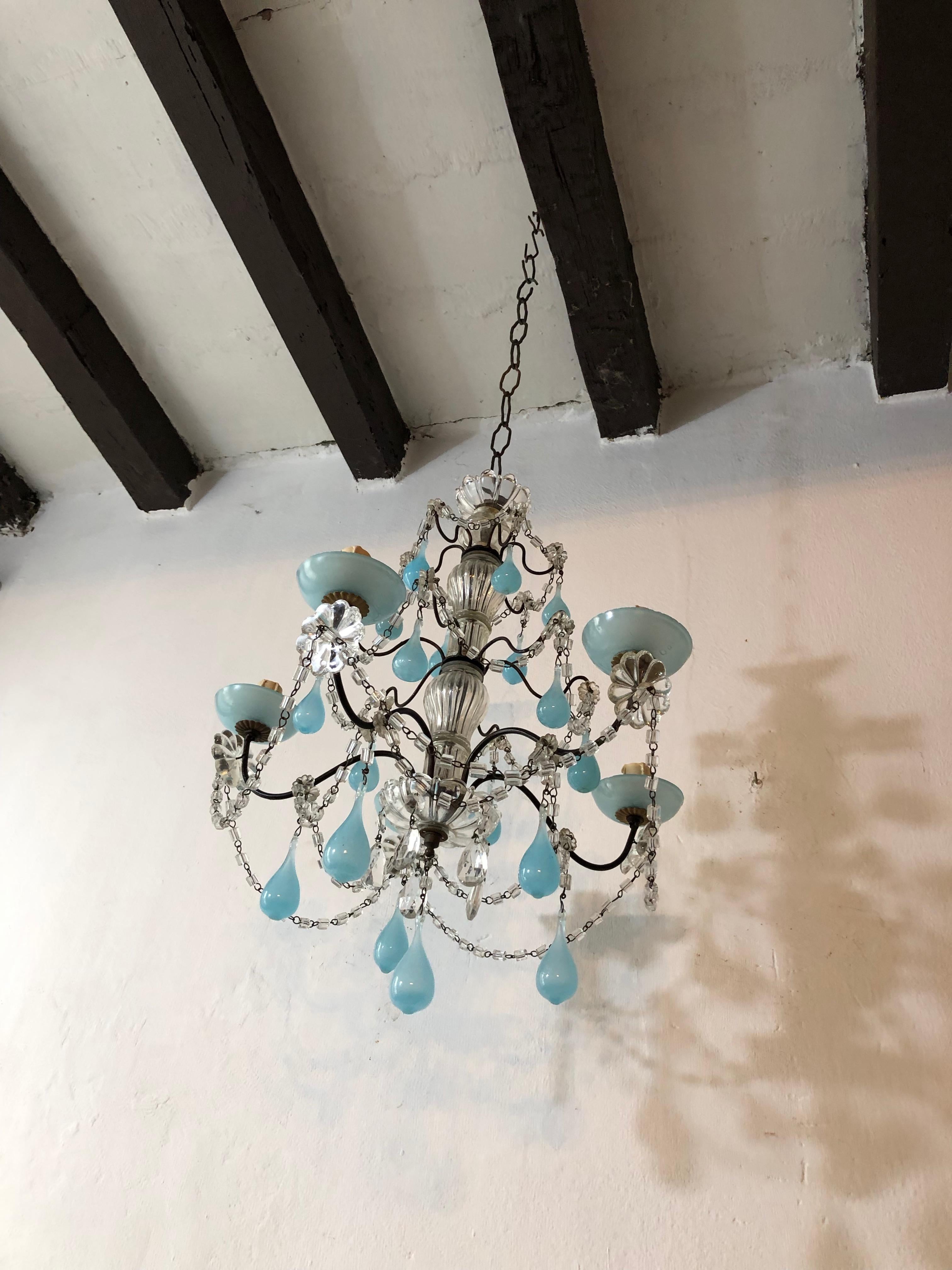 French Aqua Blue Opaline Murano Drops and Bobeches Chandelier 2