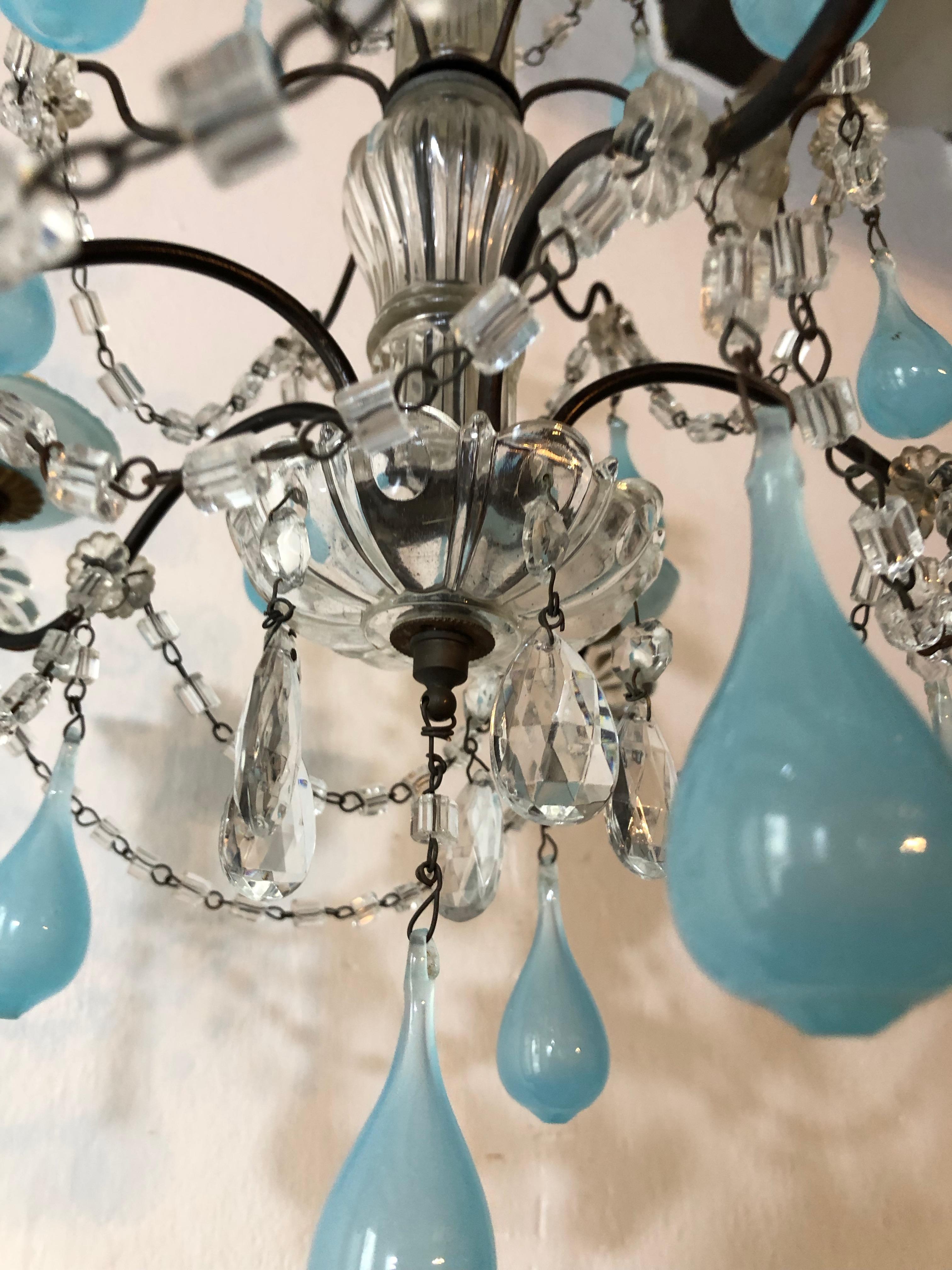 French Aqua Blue Opaline Murano Drops and Bobeches Chandelier 3
