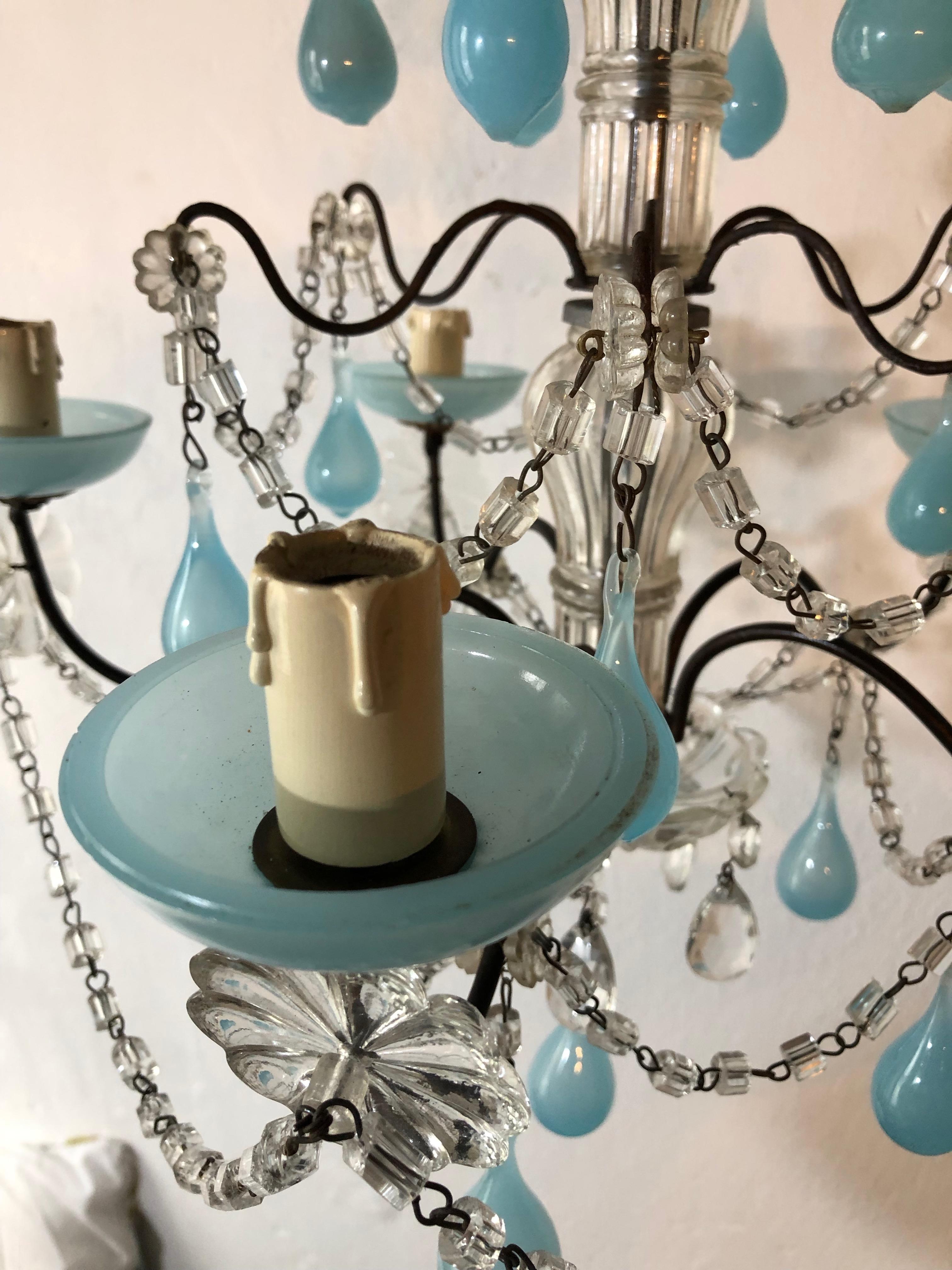 French Aqua Blue Opaline Murano Drops and Bobeches Chandelier 4