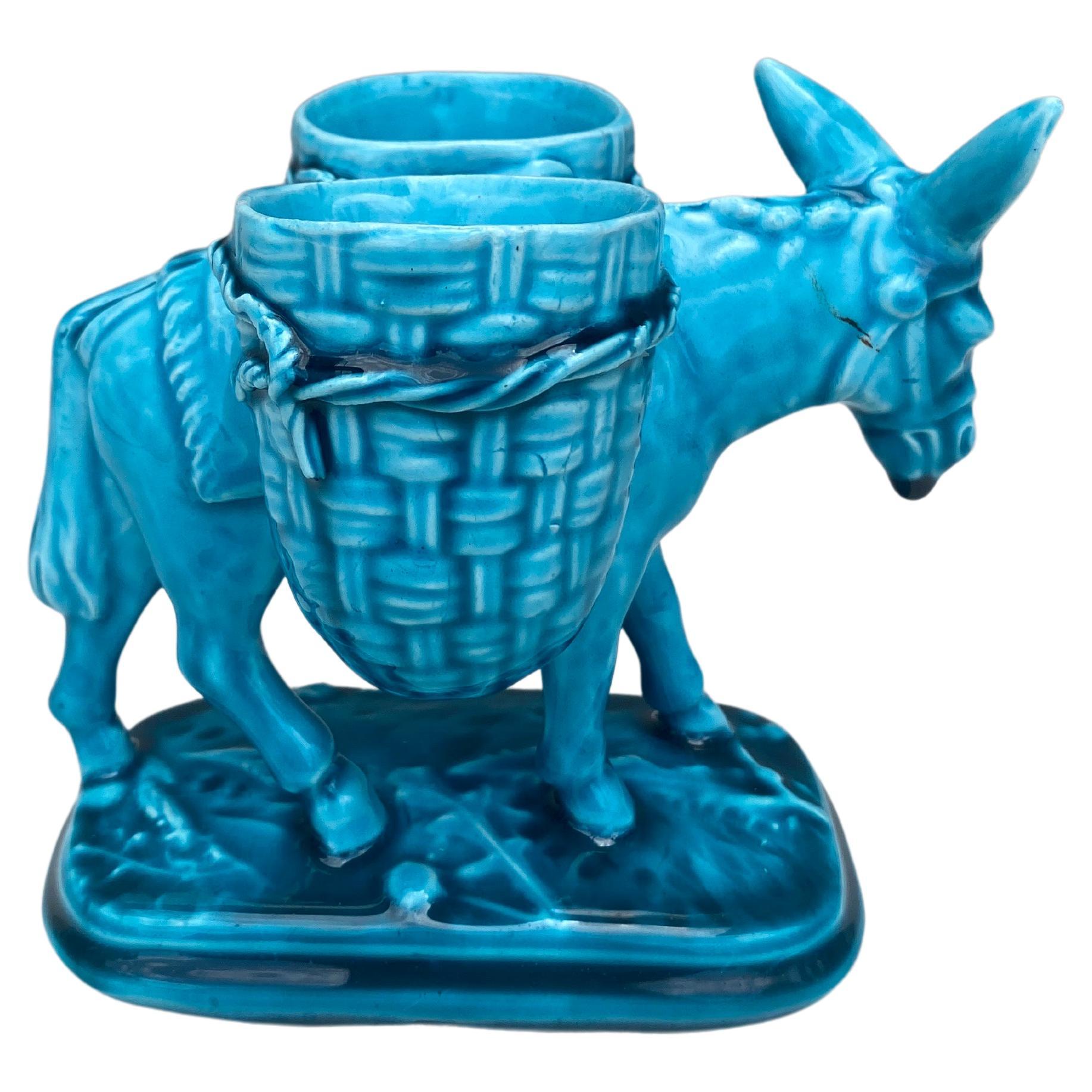 French Aqua Majolica Donkey Vallauris with Basket Clement Massier , circa 1900.