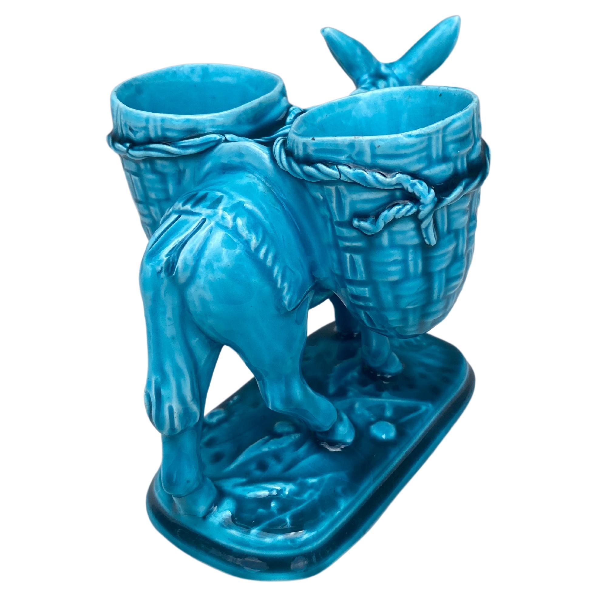 Country French Aqua Majolica Donkey Vallauris with Basket Clement Massier , circa 1900 For Sale