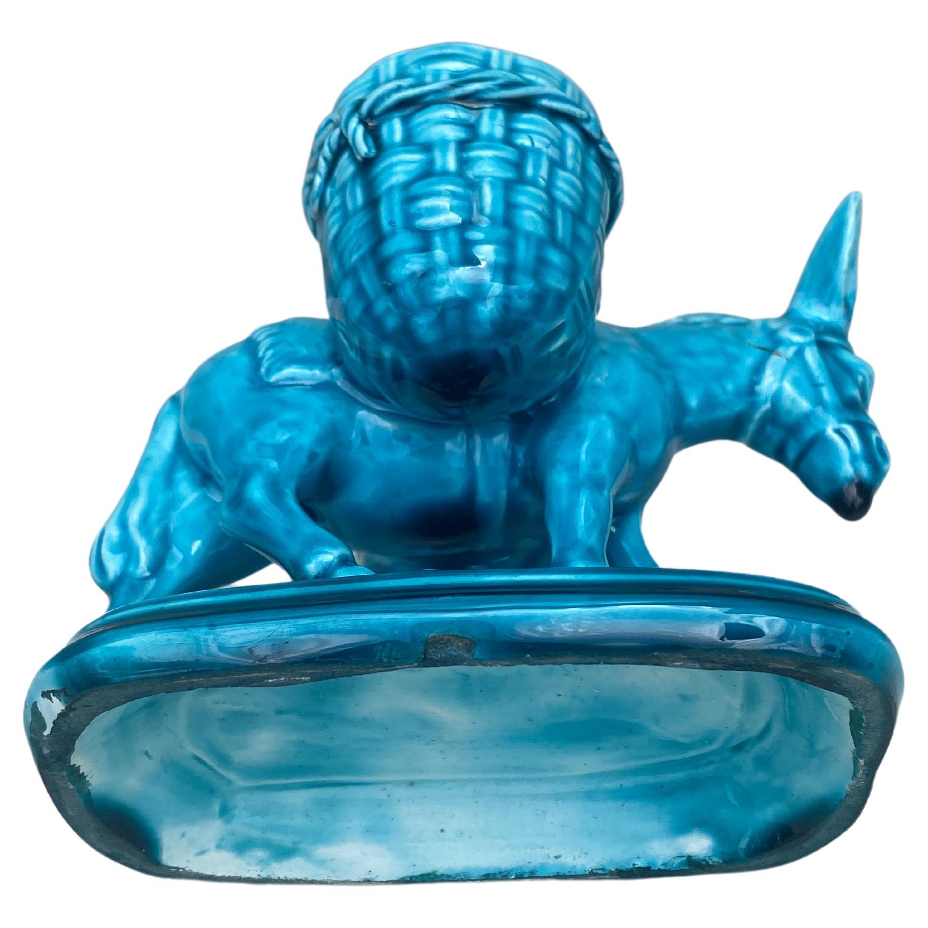 Ceramic French Aqua Majolica Donkey Vallauris with Basket Clement Massier , circa 1900 For Sale