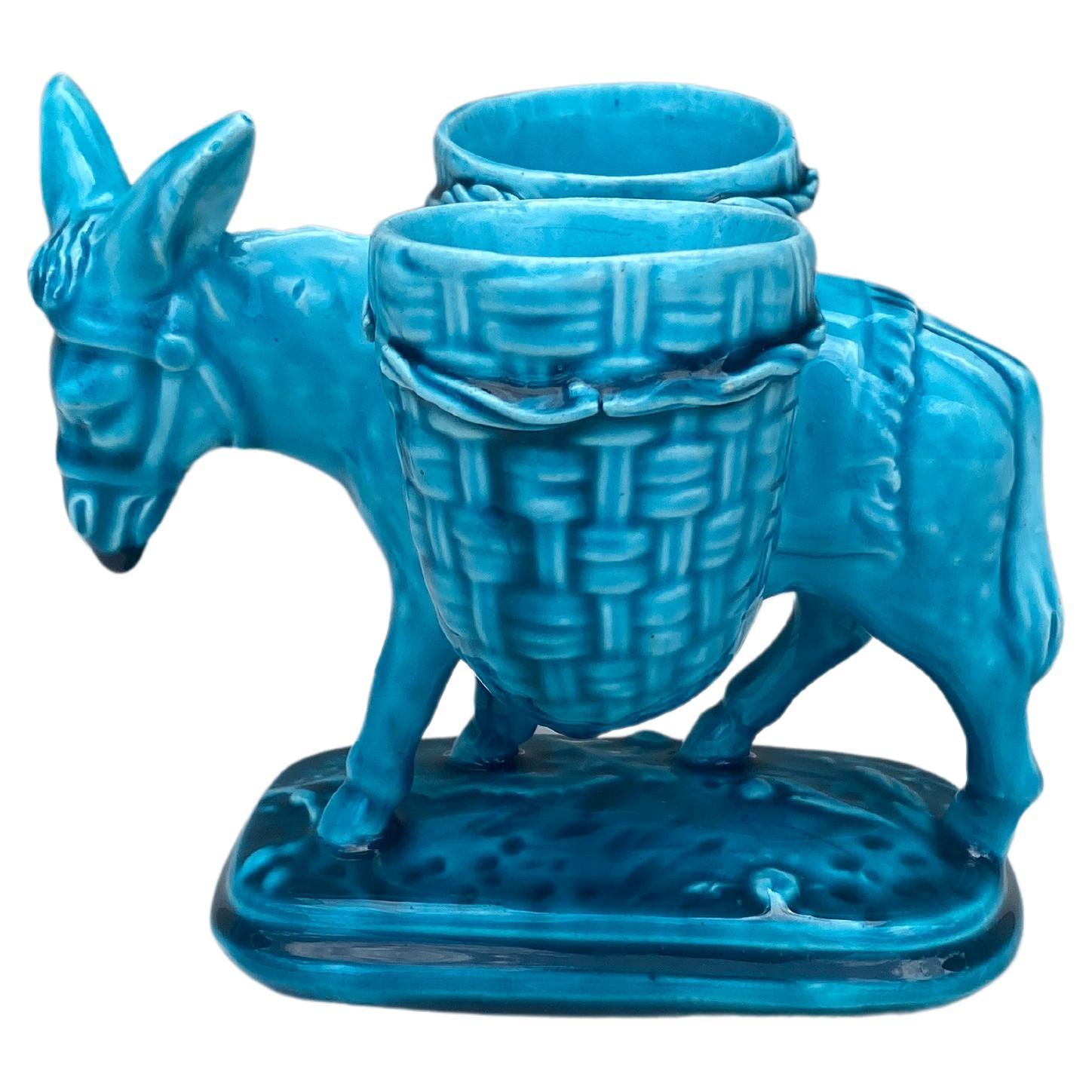 French Aqua Majolica Donkey Vallauris with Basket Clement Massier , circa 1900