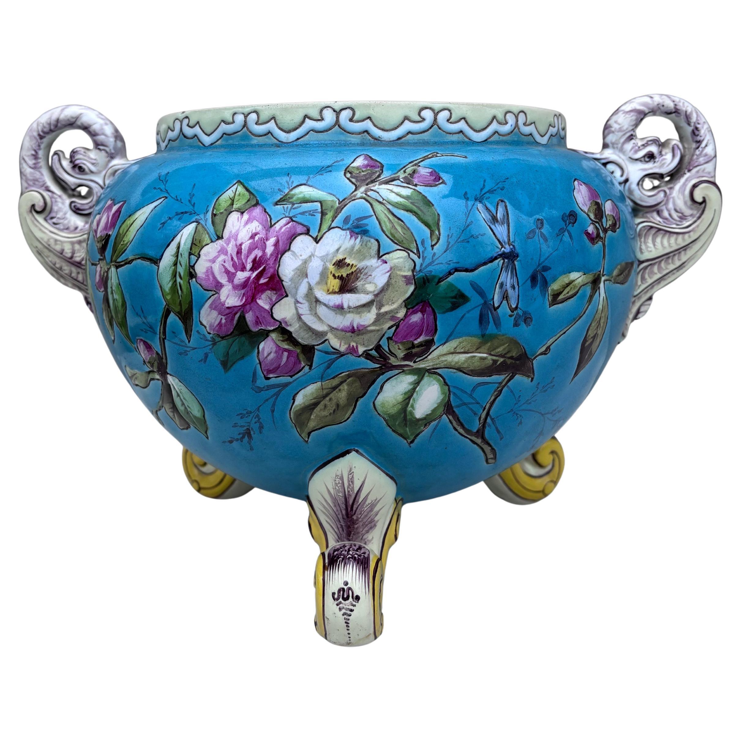 French Aqua Majolica Flowers Cache Pot , circa 1890.
One side with Morning glory , the other with roses. 