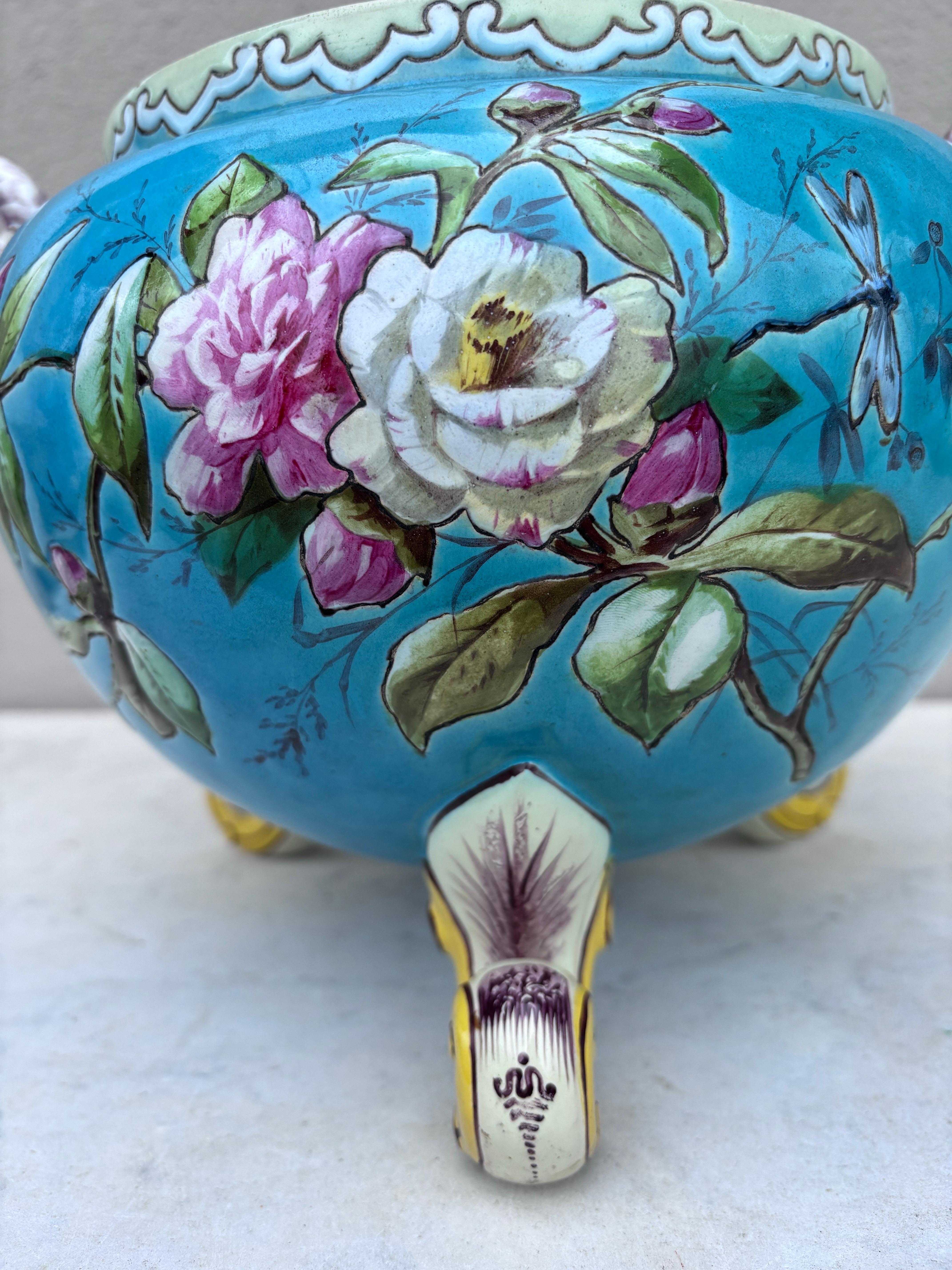 Art Nouveau French Aqua Majolica Flowers Cache Pot , circa 1890