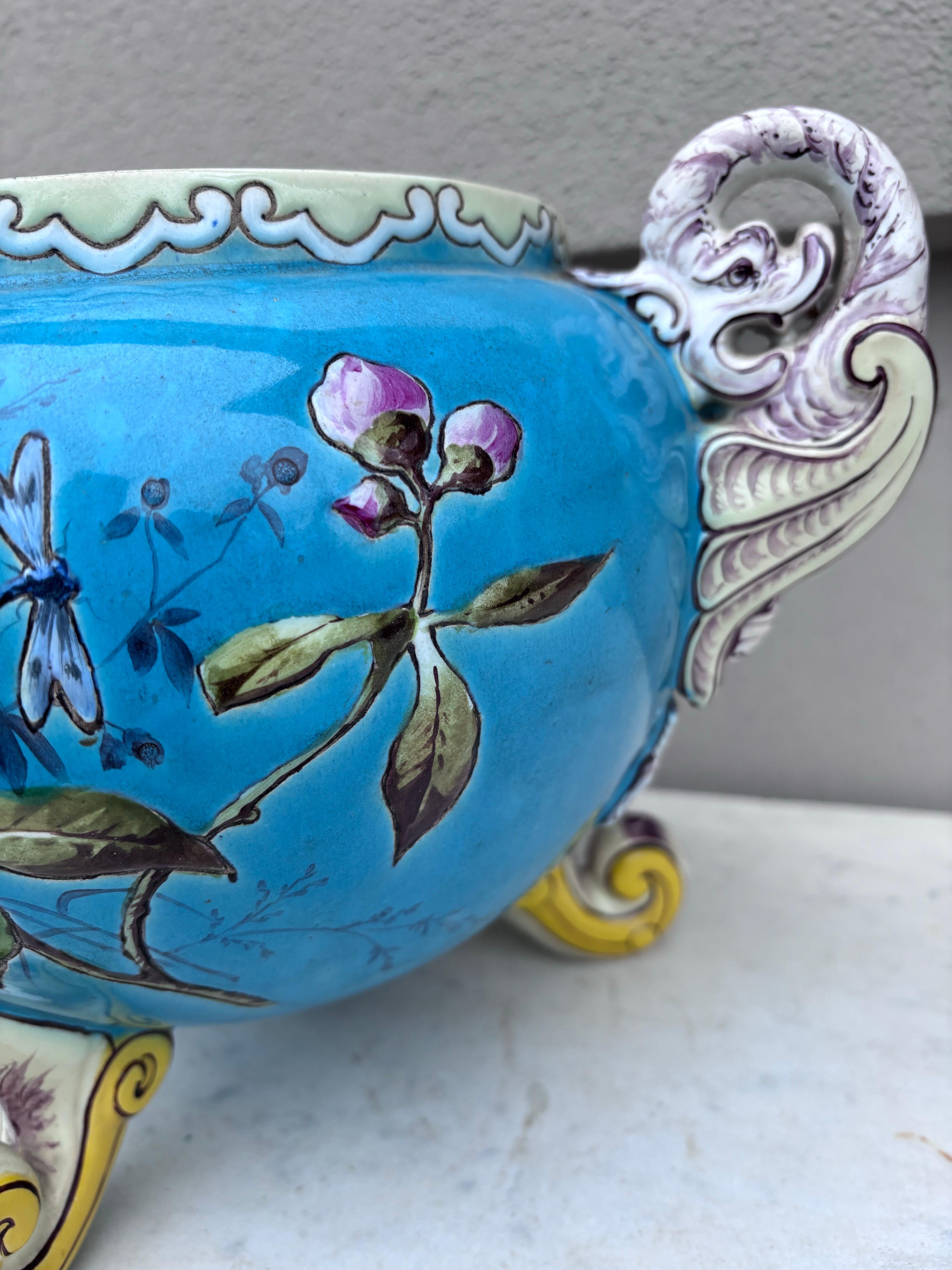 Late 19th Century French Aqua Majolica Flowers Cache Pot , circa 1890
