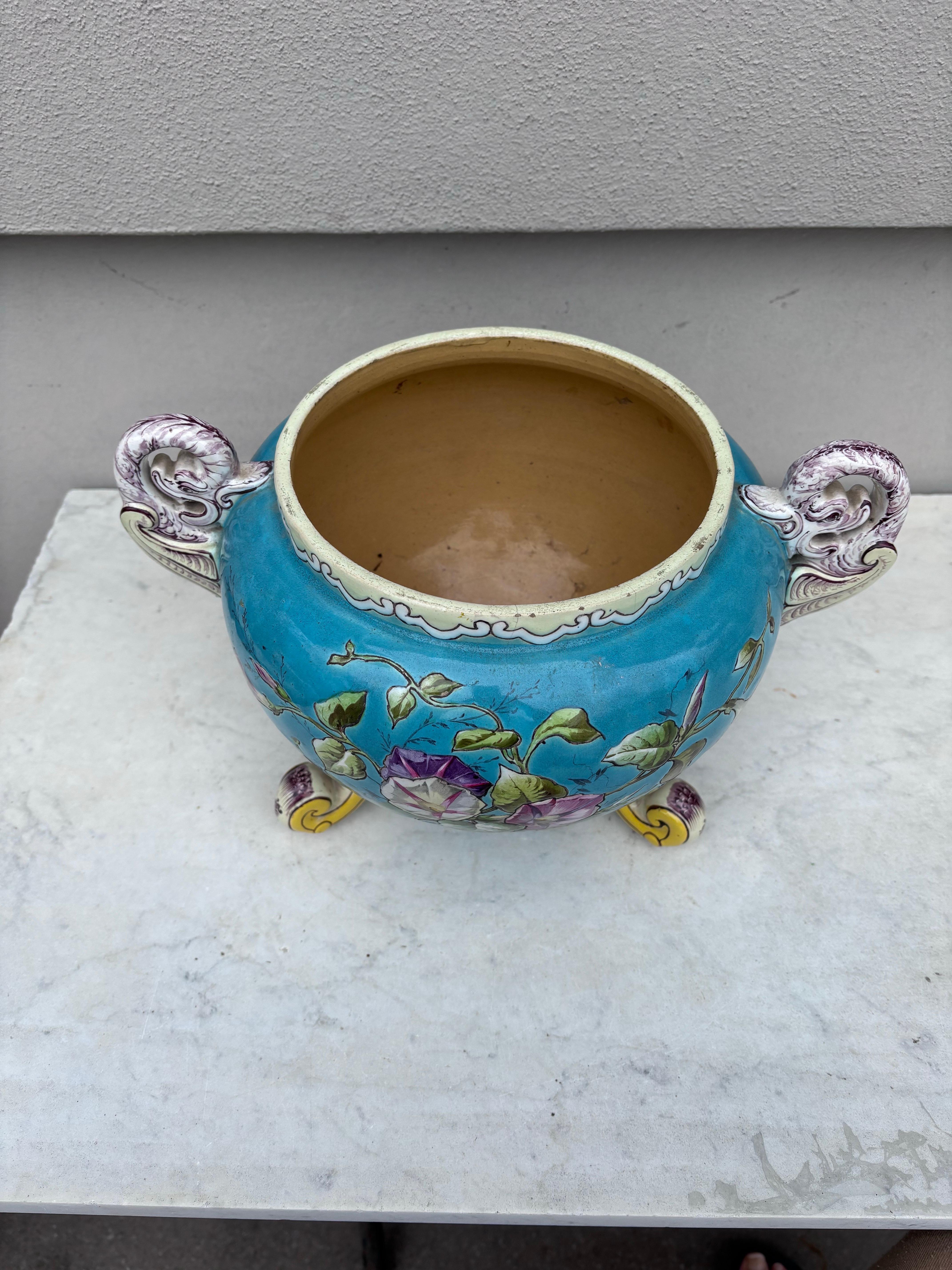 Ceramic French Aqua Majolica Flowers Cache Pot , circa 1890