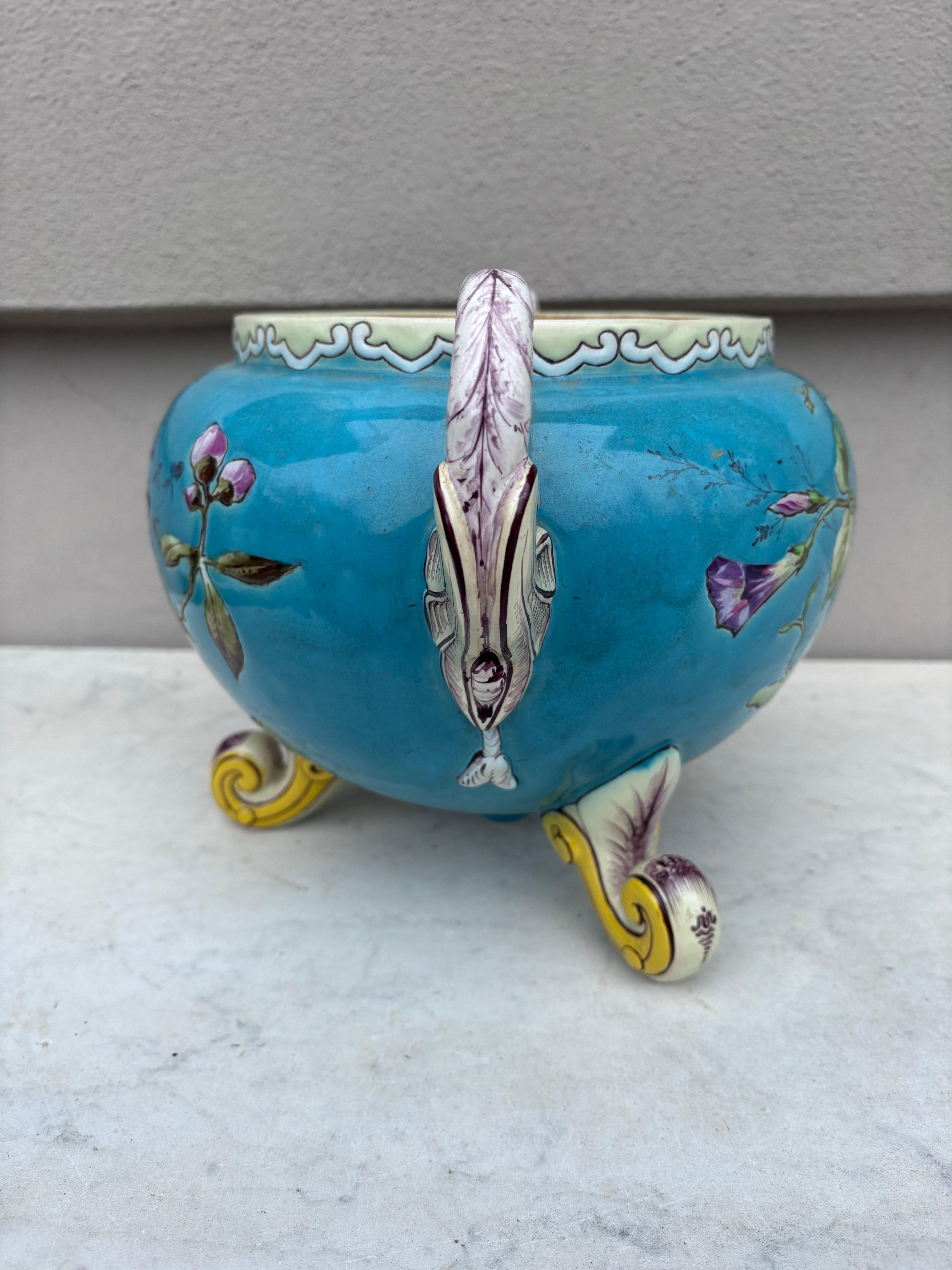 French Aqua Majolica Flowers Cache Pot , circa 1890 1