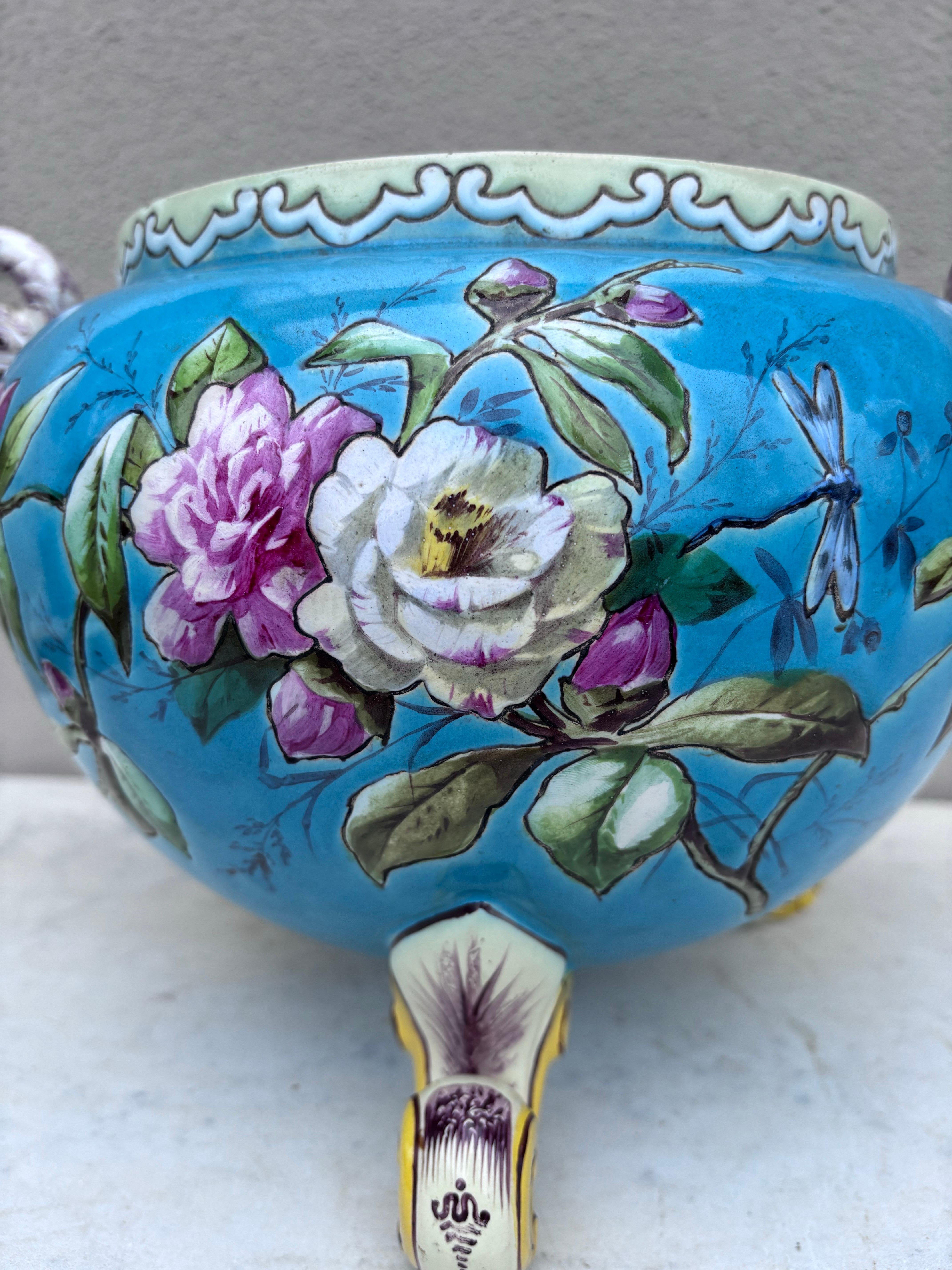 French Aqua Majolica Flowers Cache Pot , circa 1890 2