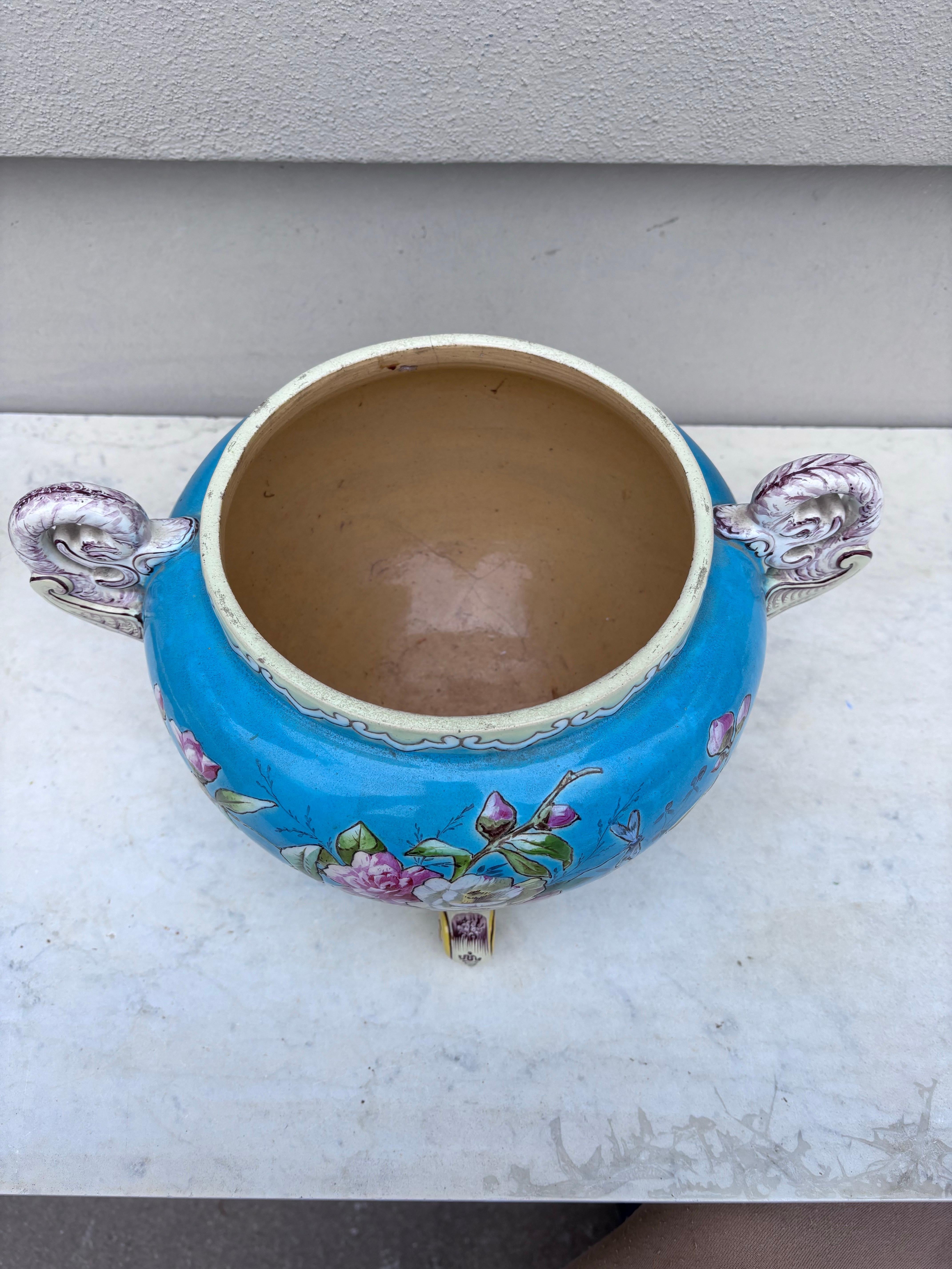 French Aqua Majolica Flowers Cache Pot , circa 1890 3