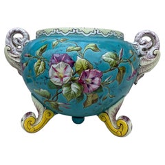French Aqua Majolica Flowers Cache Pot , circa 1890