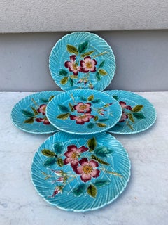 French Aqua Majolica Wild Rose Plate Sarreguemines, circa 1890