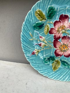 French Aqua Majolica Wild Rose Plate Sarreguemines, circa 1890