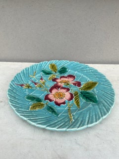 French Aqua Majolica Wild Rose Plate Sarreguemines, circa 1890