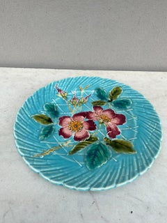 French Aqua Majolica Wild Rose Plate Sarreguemines, circa 1890