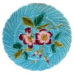 French Aqua Majolica Wild Rose Plate Sarreguemines, circa 1890