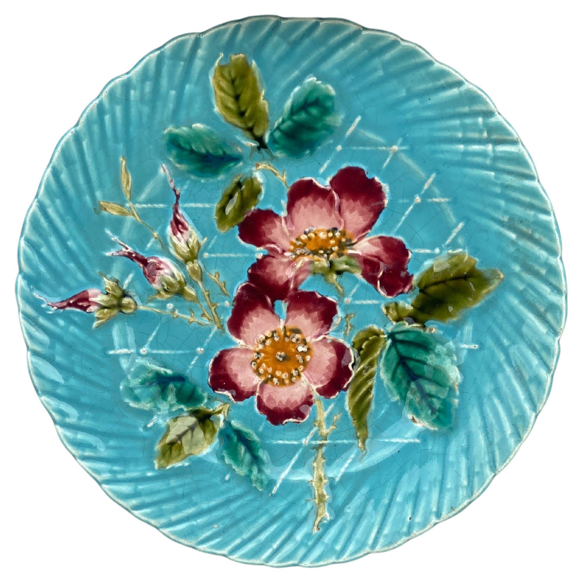 French Aqua Majolica Wild Rose Plate Sarreguemines, circa 1890