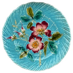 Antique French Aqua Majolica Wild Rose Plate Sarreguemines, circa 1890