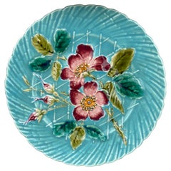 French Aqua Majolica Wild Rose Plate Sarreguemines, circa 1890