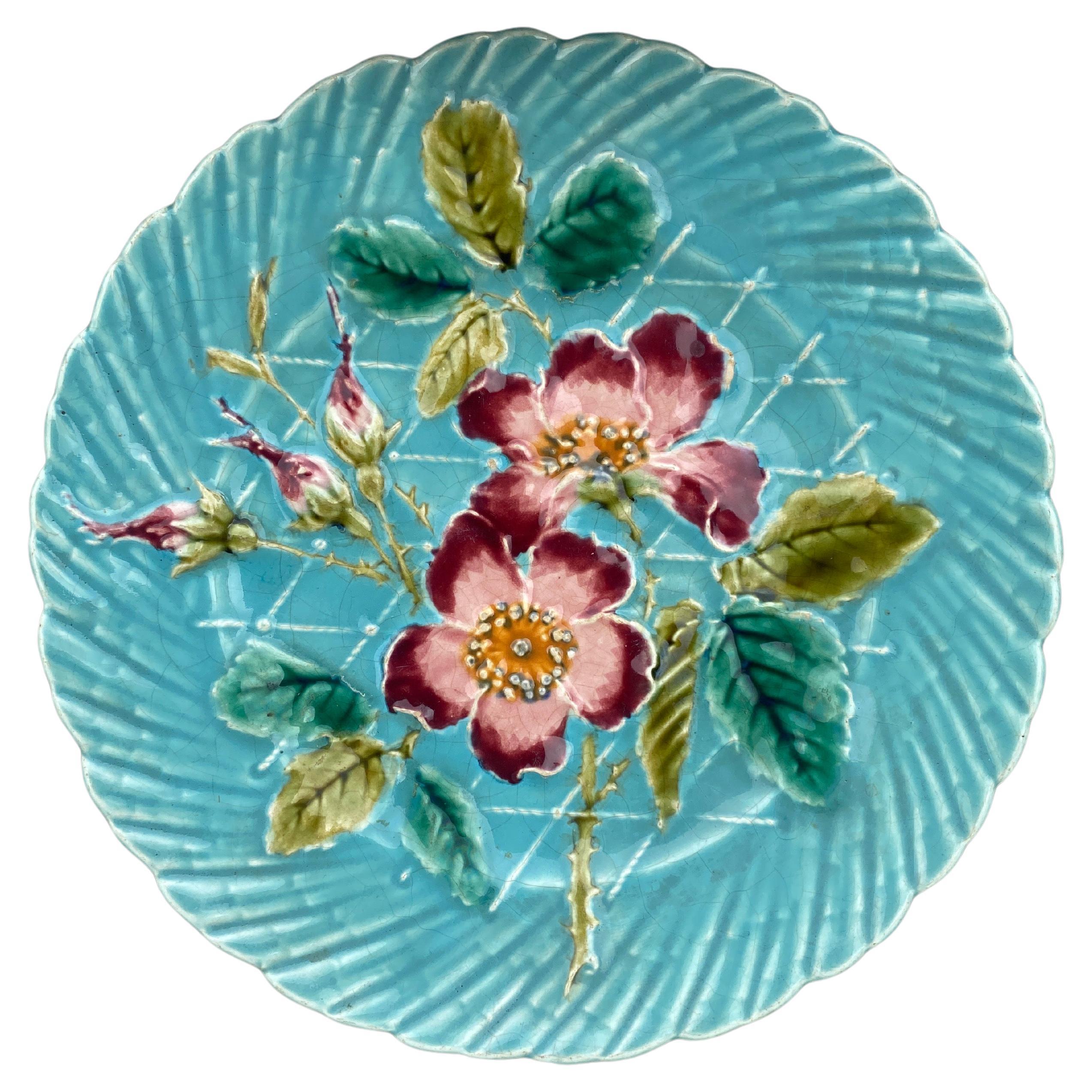 French Aqua Majolica Wild Rose Plate Sarreguemines, circa 1890