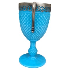 French Aqua Milk Glass two-handled Cup Circa 1890