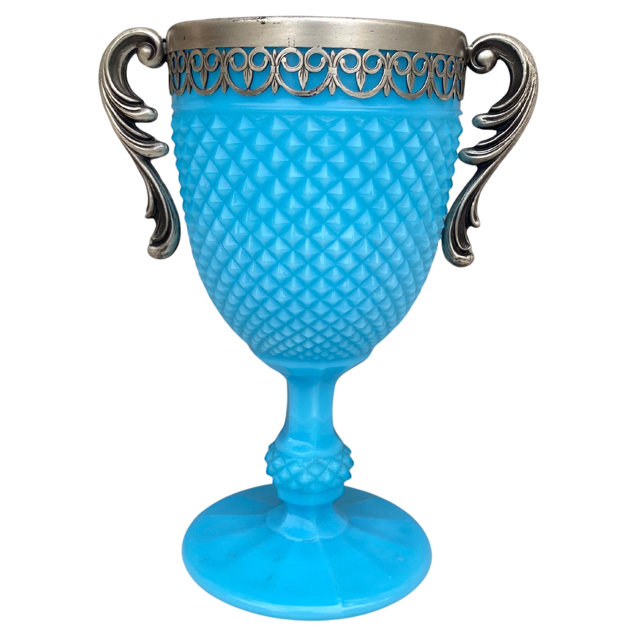 French Aqua Milk Glass two-handled Cup Circa 1890