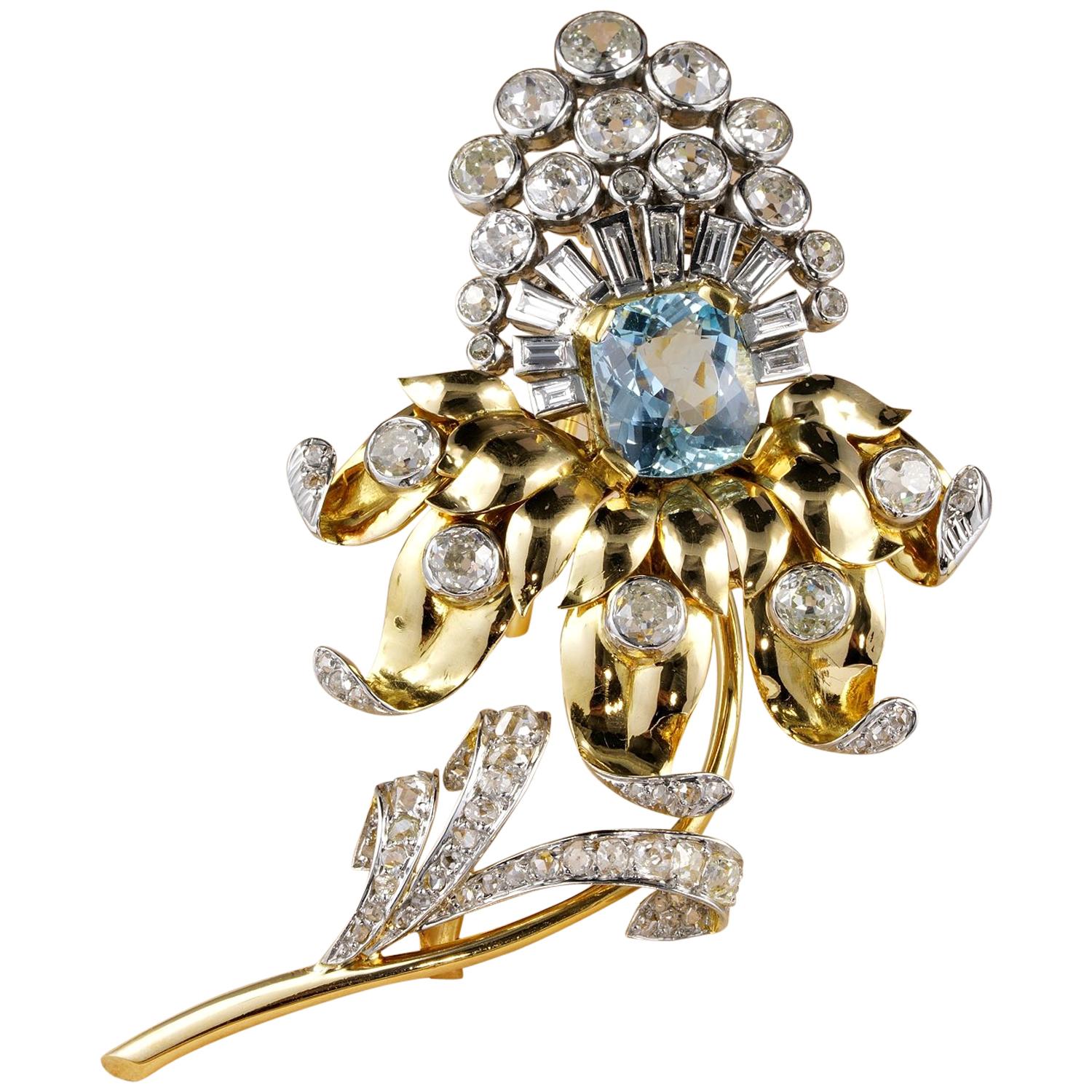 French Aquamarine 6.40 Carat Diamond Rare Flower Brooch For Sale