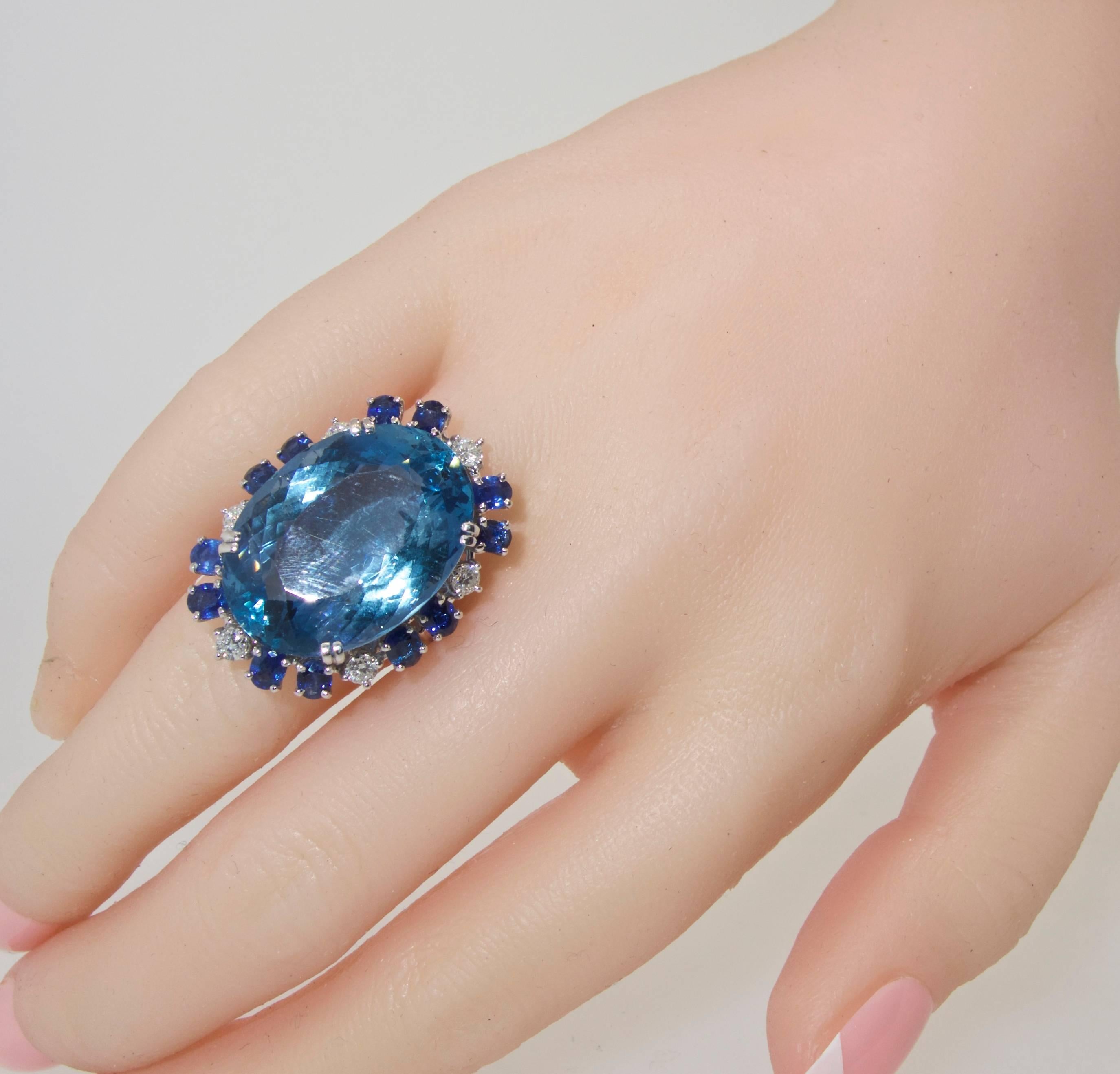 Contemporary Aquamarine, Diamond and Sapphire Ring, French, 1960s
