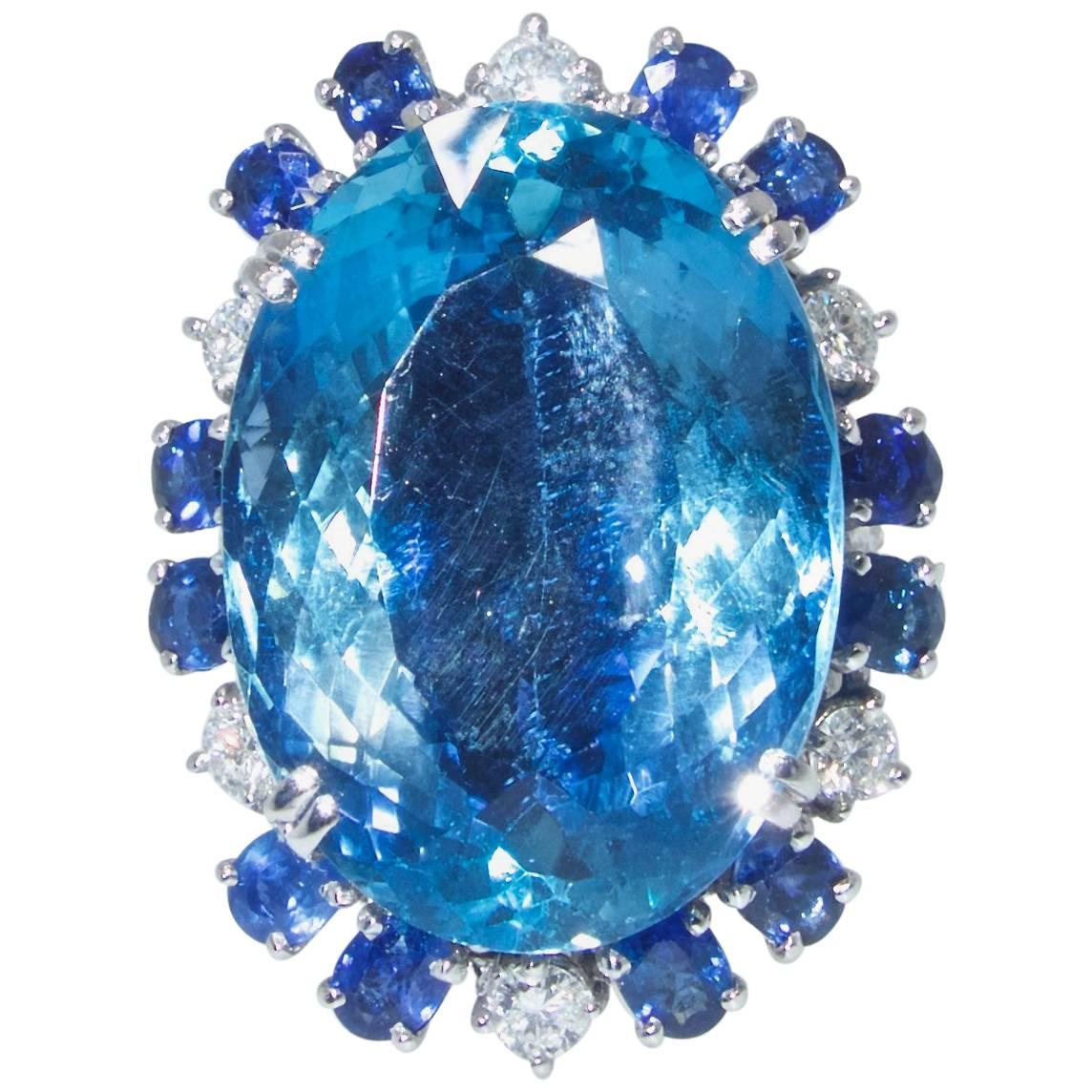 Aquamarine, Diamond and Sapphire Ring, French, 1960s