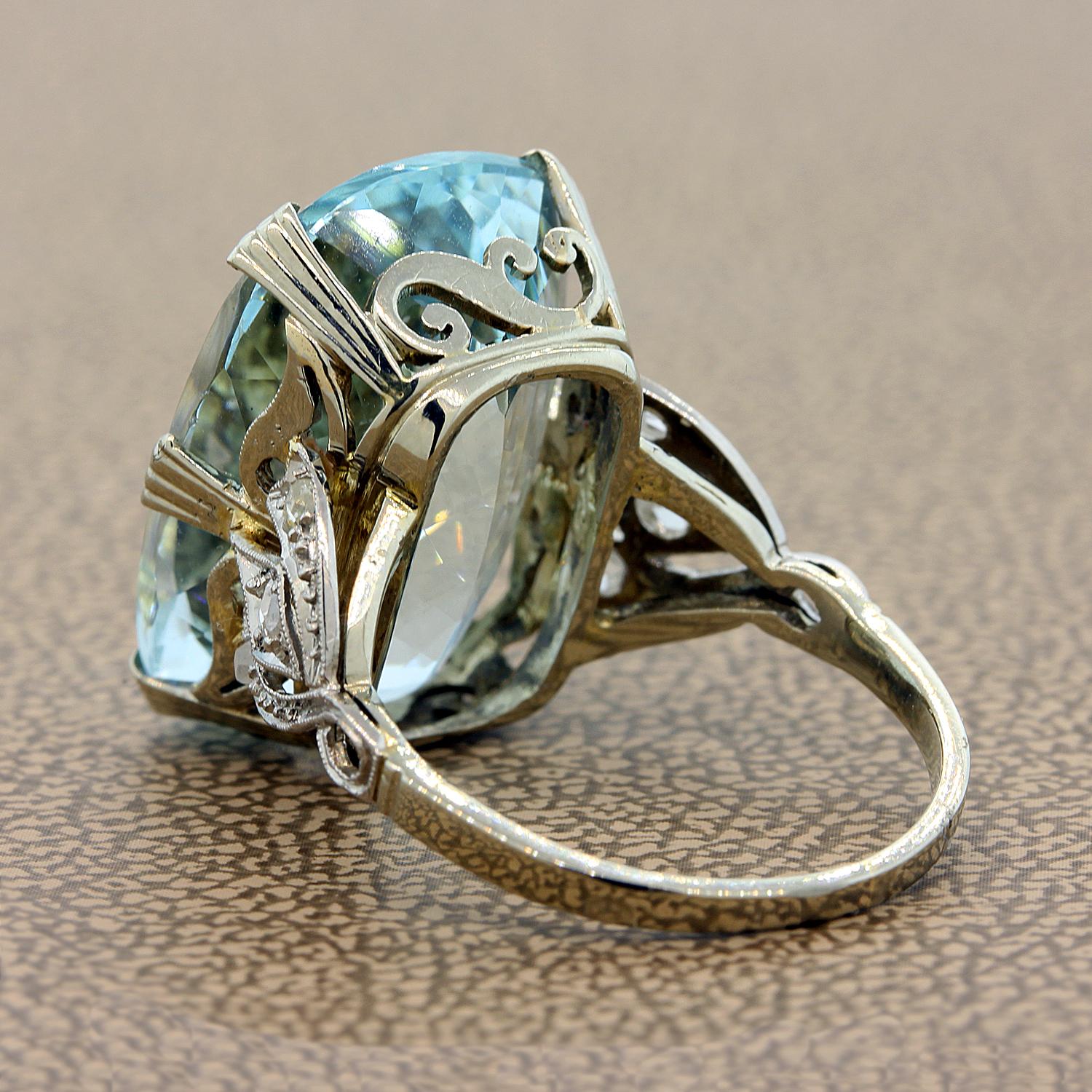 Cushion Cut French Aquamarine Diamond Gold Ring